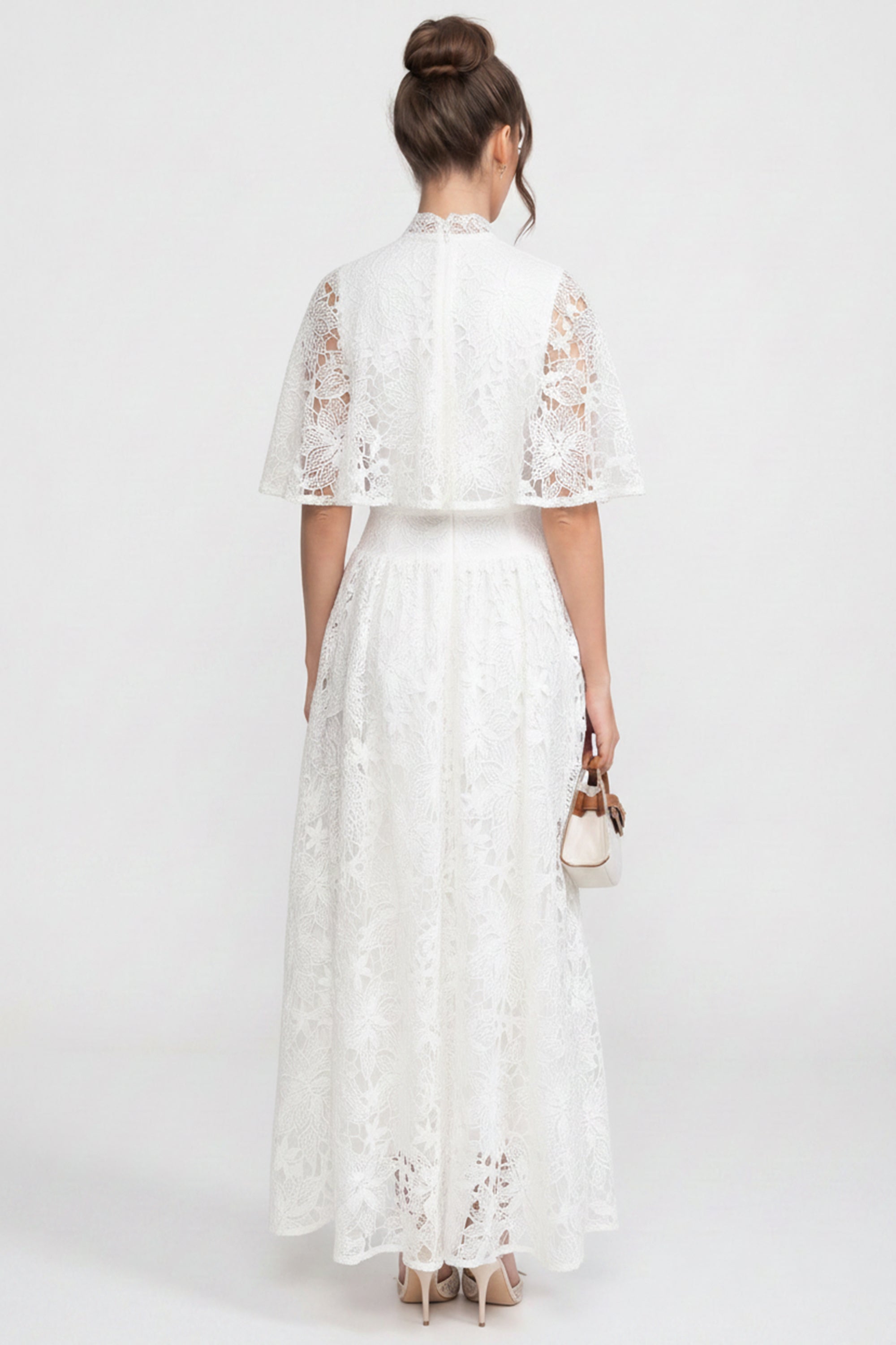 Short-Sleeve Floral Lace Maxi Dress With 3D Bow Detail - White