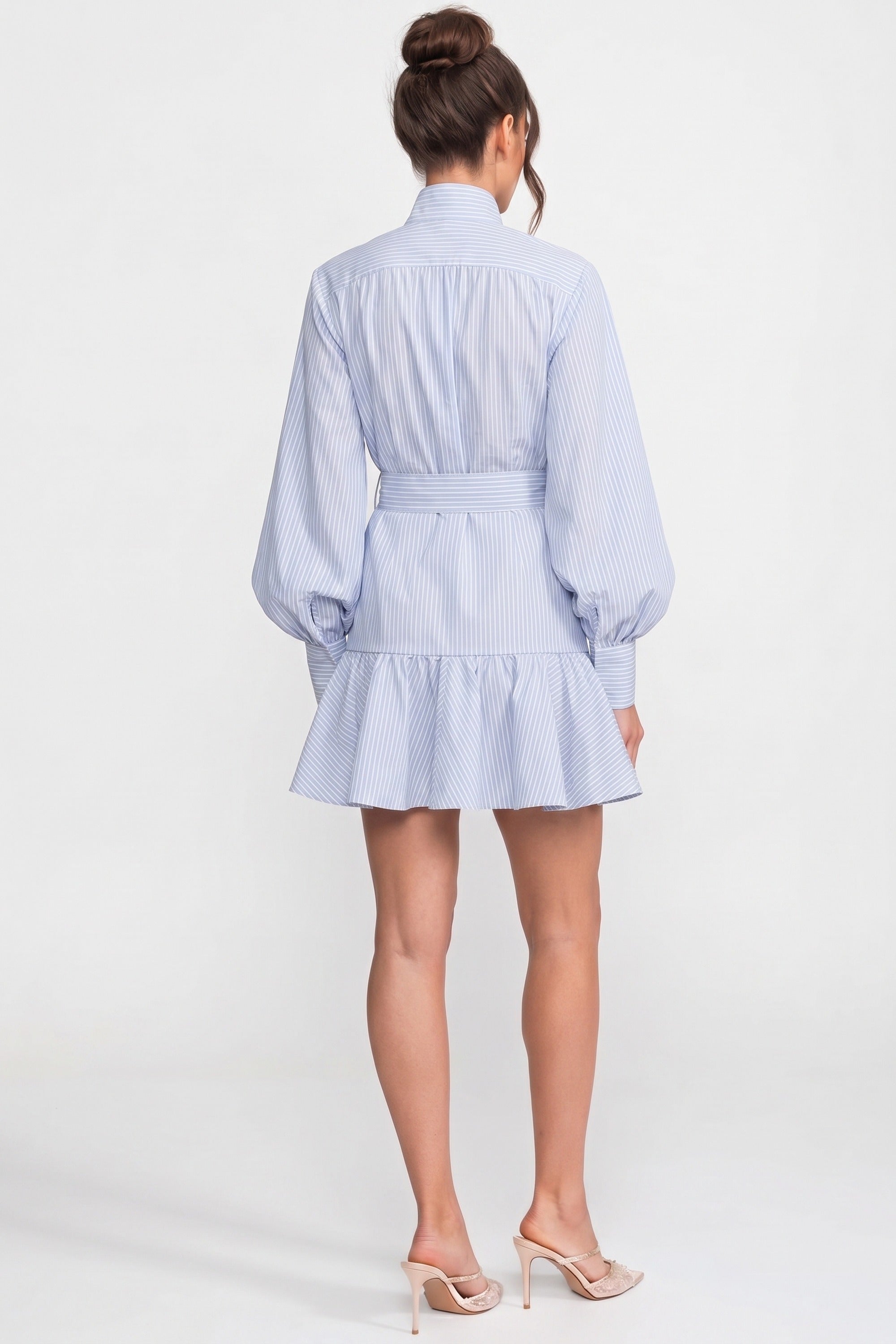 Striped Belted Mini Dress With High Neck And Balloon Sleeves - Blue