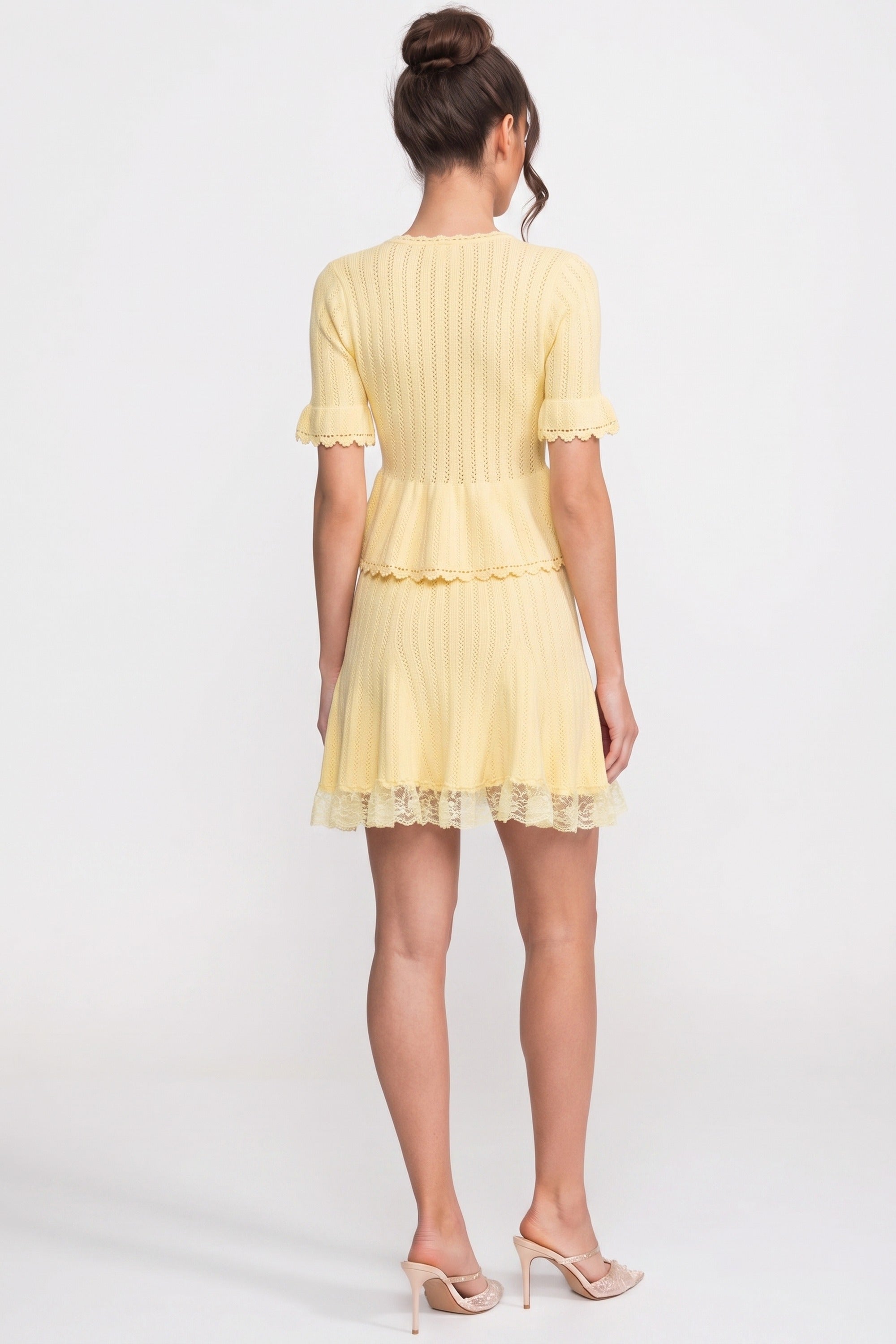 Peter-Pan Collar Knit Peplum Co-Ord set With Lace Hem - Yellow