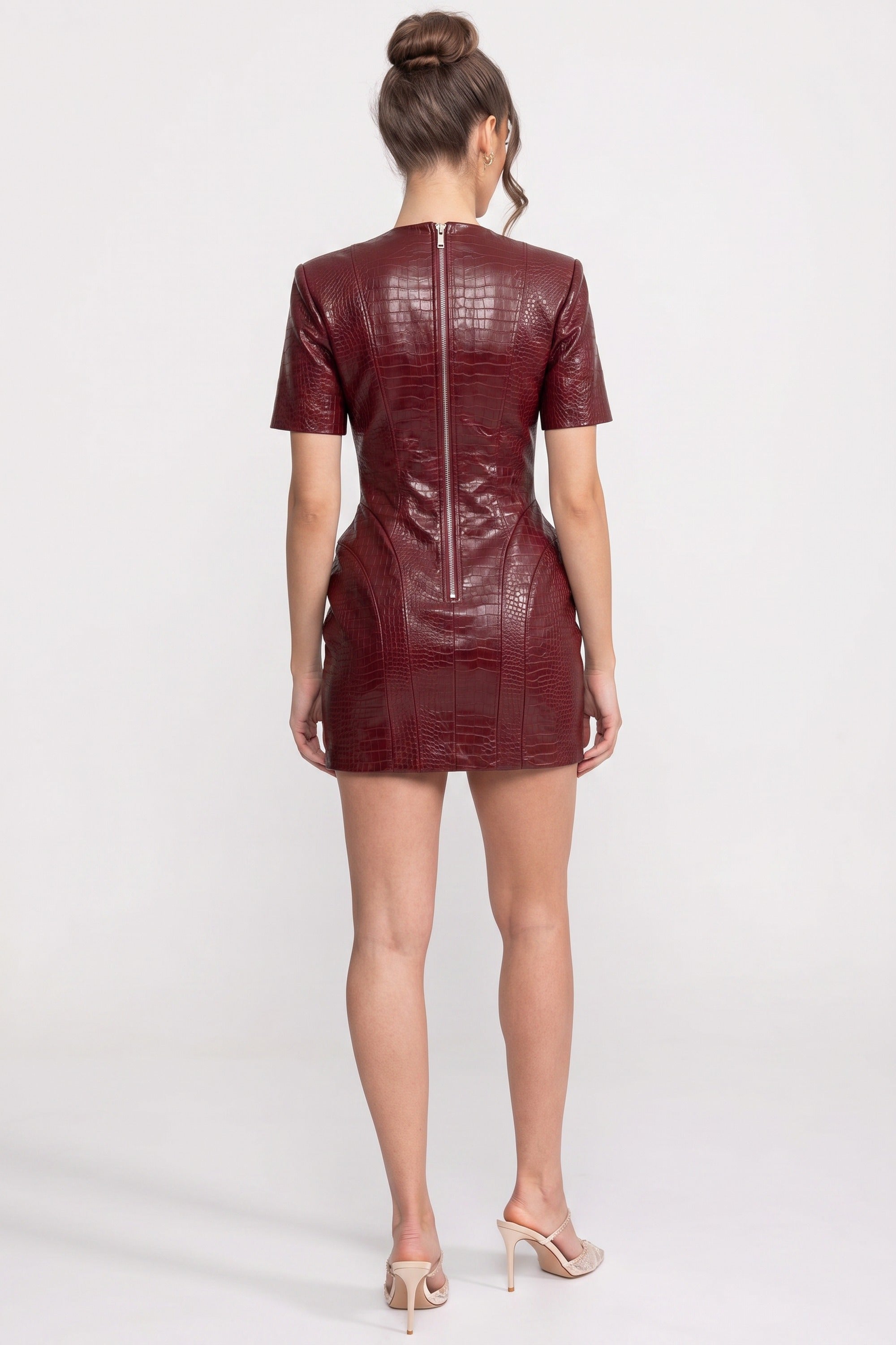 Croc-Effect Mini Dress With Gold Button Front - Red