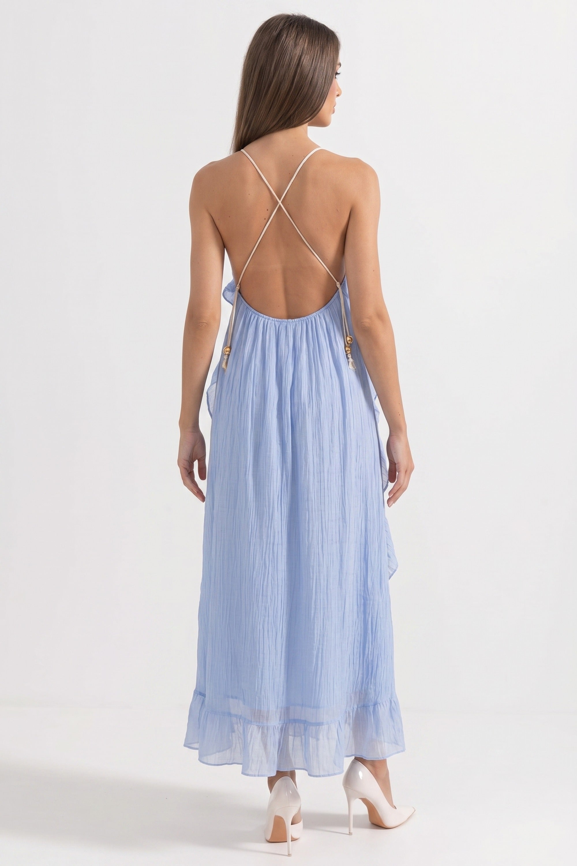 Deep V-Neck Ruffle Maxi Dress With Cascading Asymmetric Tiers - Blue