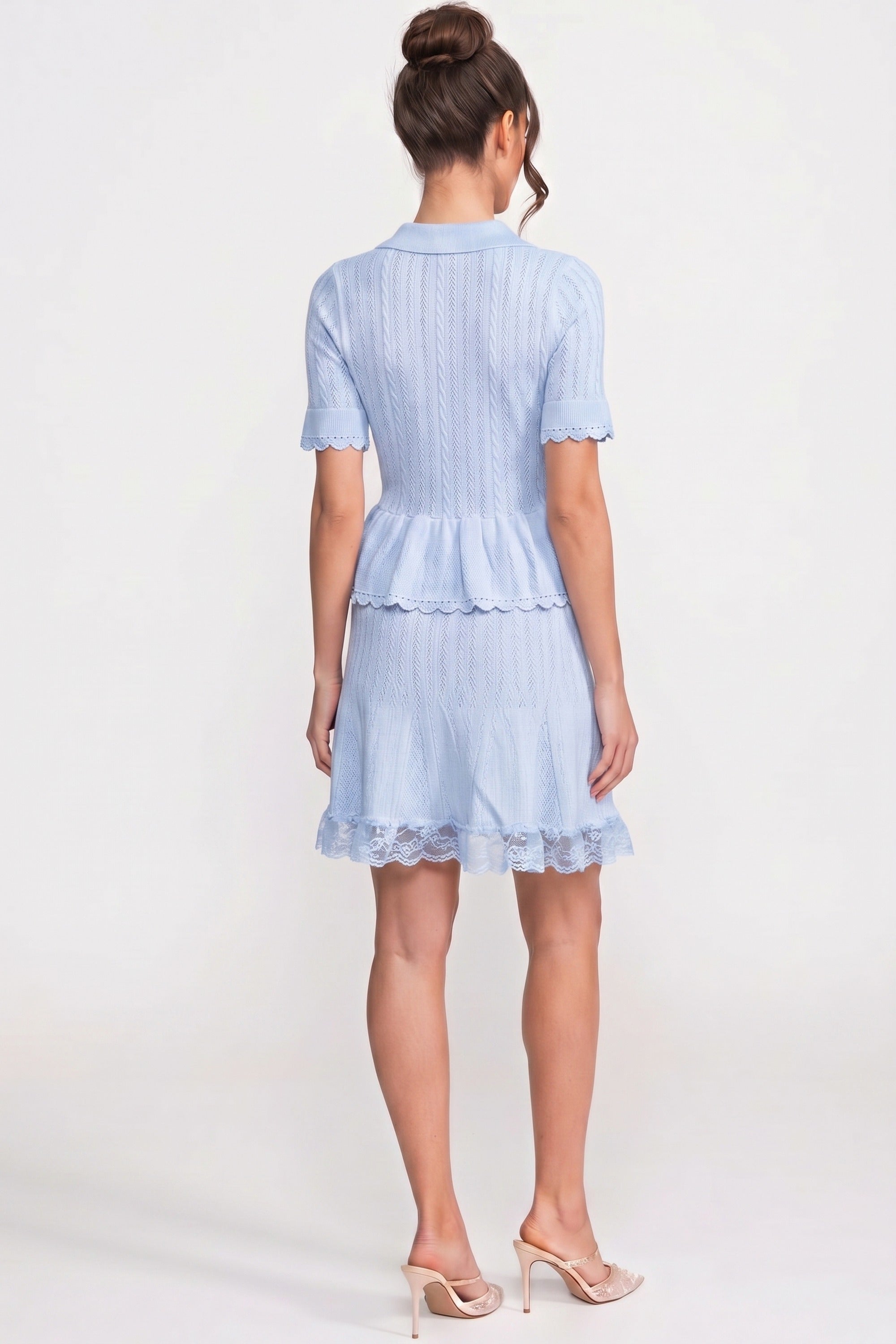 Polo-Collar Mini Dress With Button Top, Peplum Waist And Lace Hem - Blue
