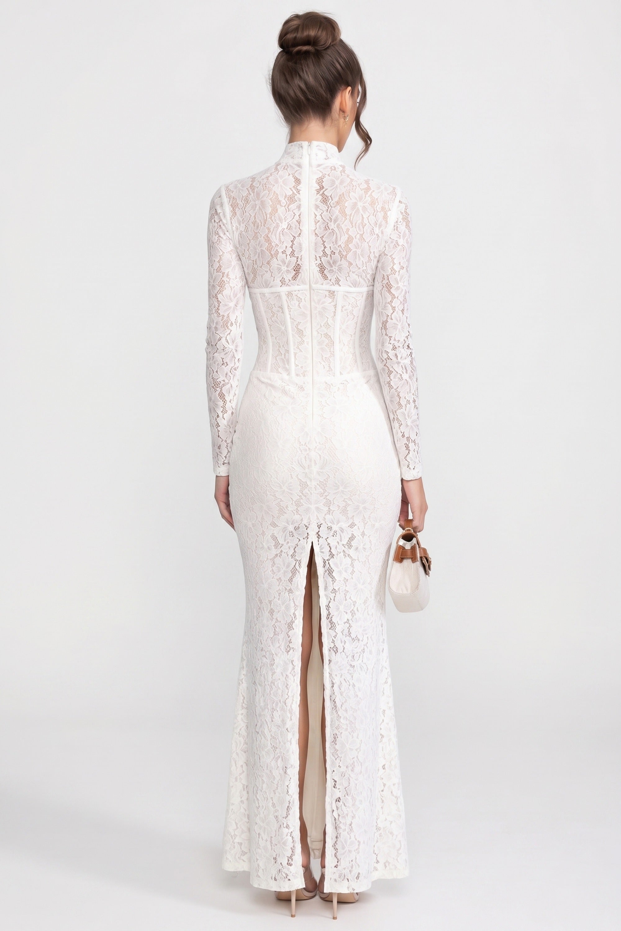 High-Neck Long-Sleeve Lace Maxi Dress With Column Silhouette - White