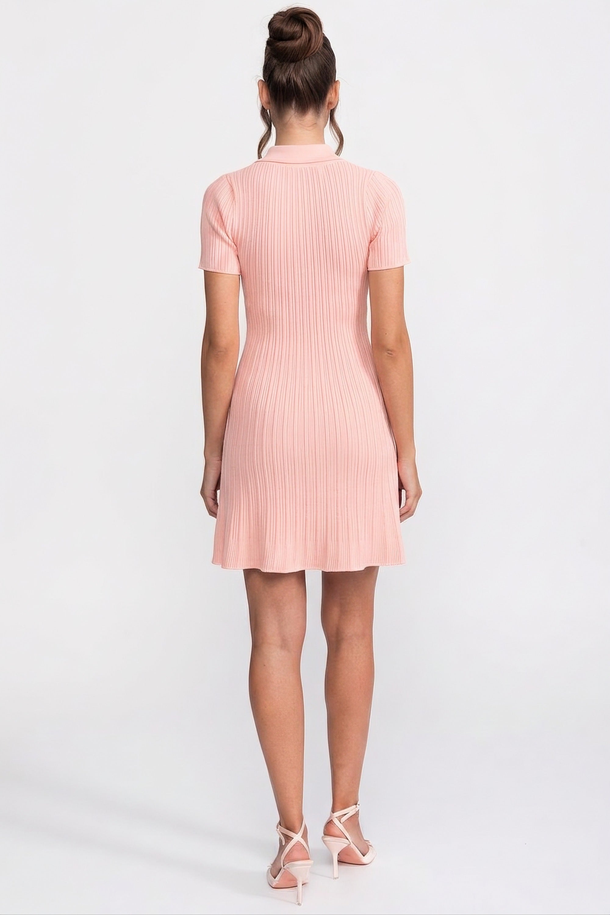 Ribbed Knit Button-Front Mini Dress - Peach