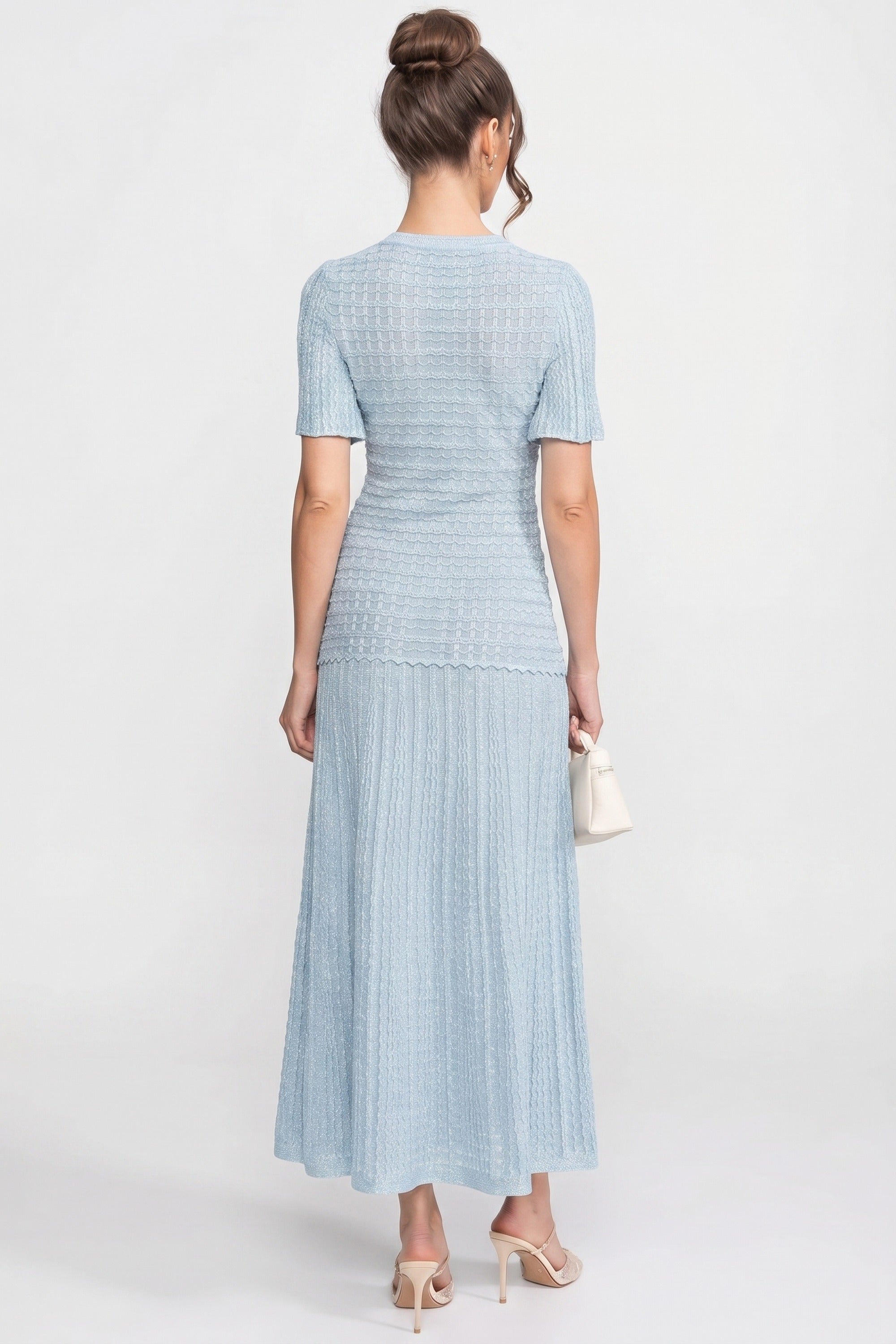 Short Sleeve Midi Dress With Shimmer Knit Texture - Light Blue