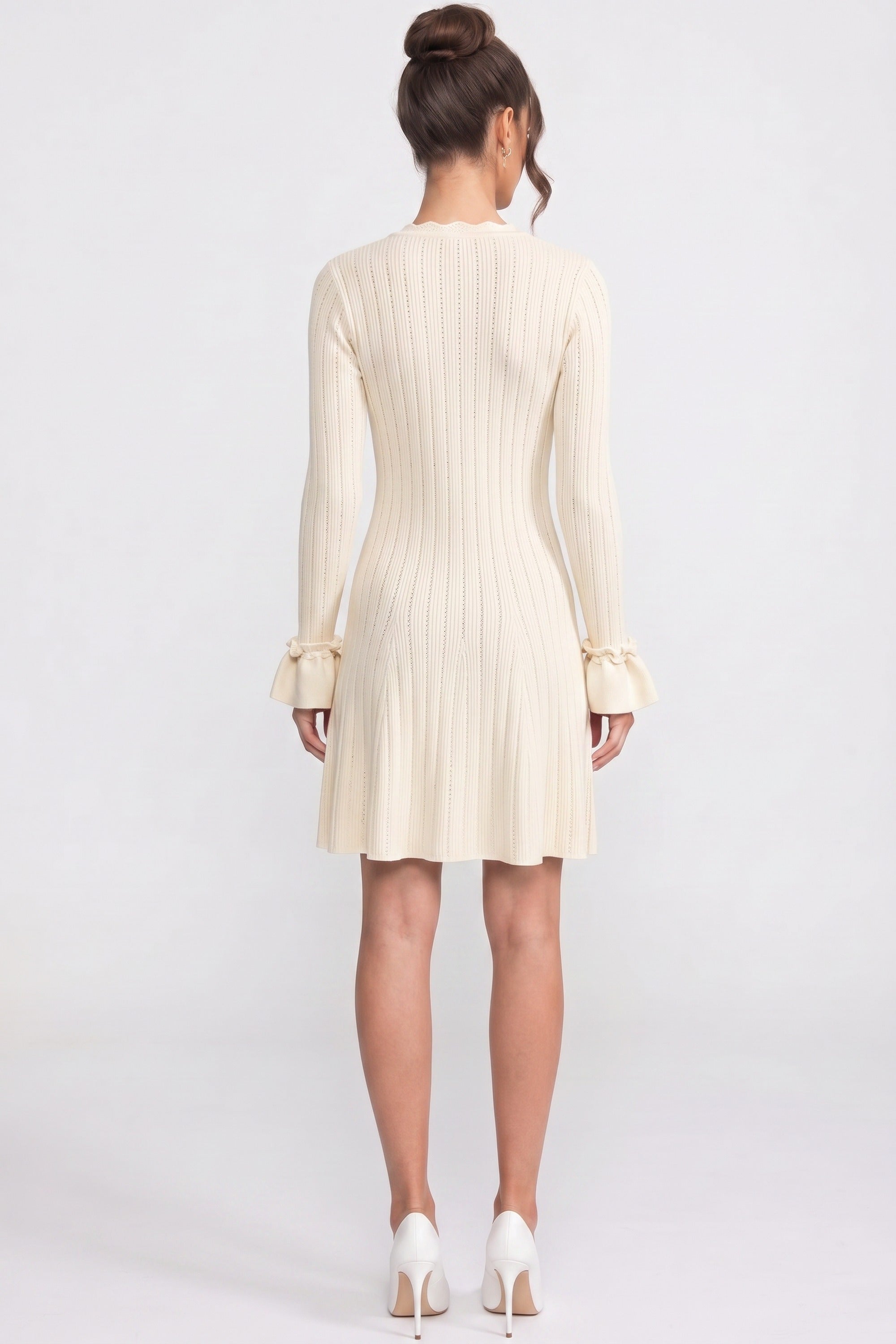 Long-Sleeve V-Neck Knit Mini Dress With Ruffle Hem And Bow Cuffs - Ivoire