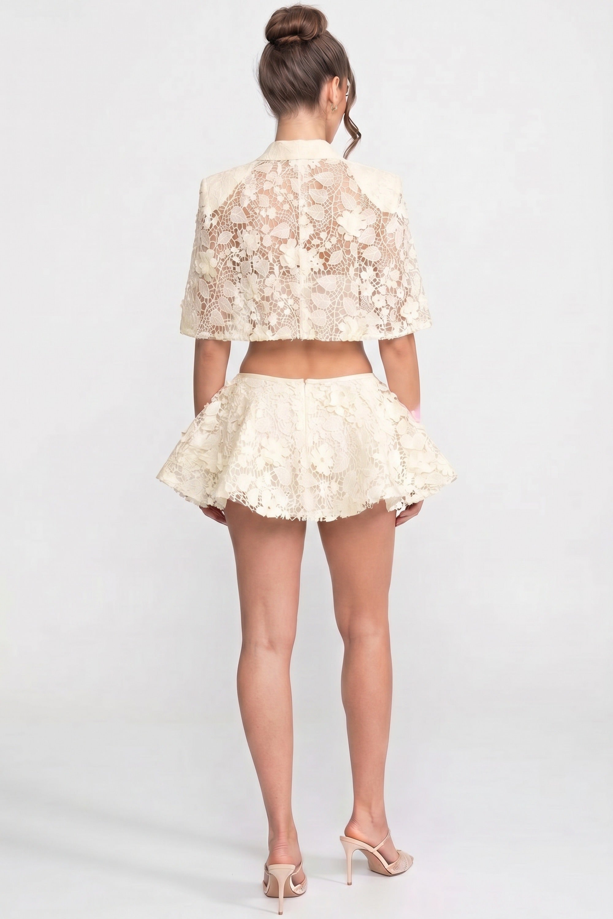 Lace Co-Ord Set With Button Cape And Bow Mini Skirt - Ivoire