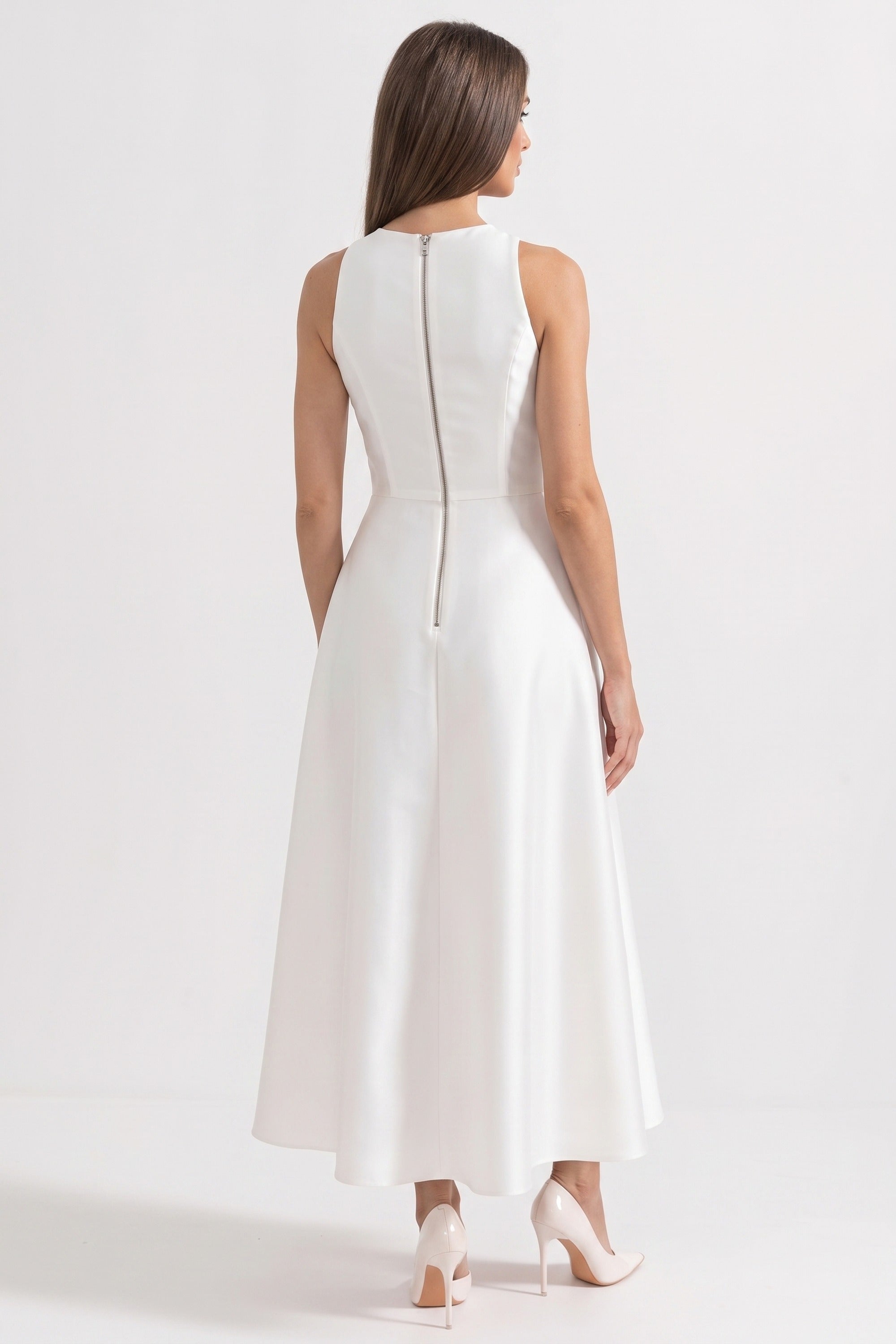 Halter Neck Maxi Dress With Black Bow Bustline And Button Front - White