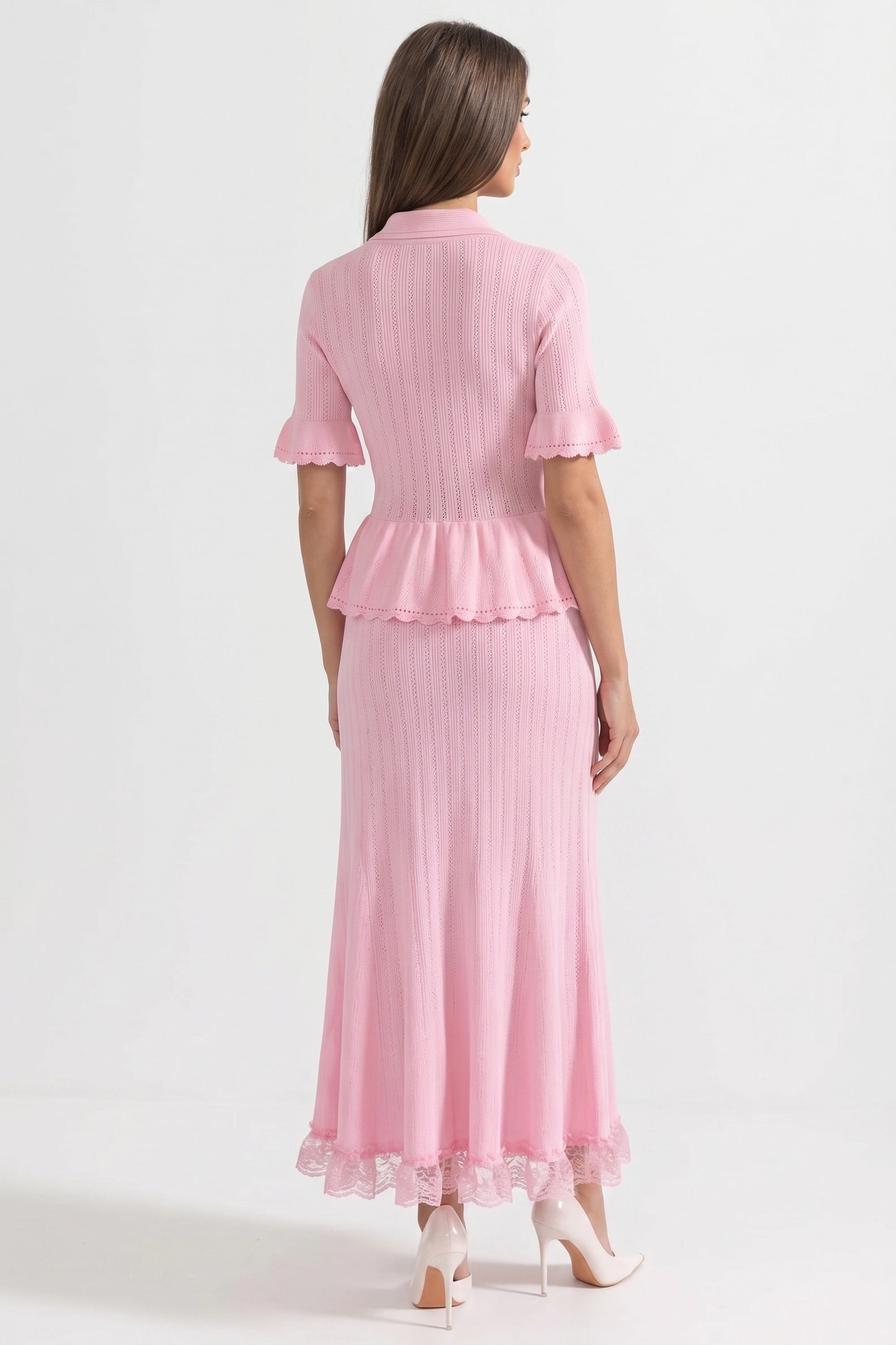 Peter-Pan Collar Knit Peplum Maxi Dress With Lace Hem - Pink