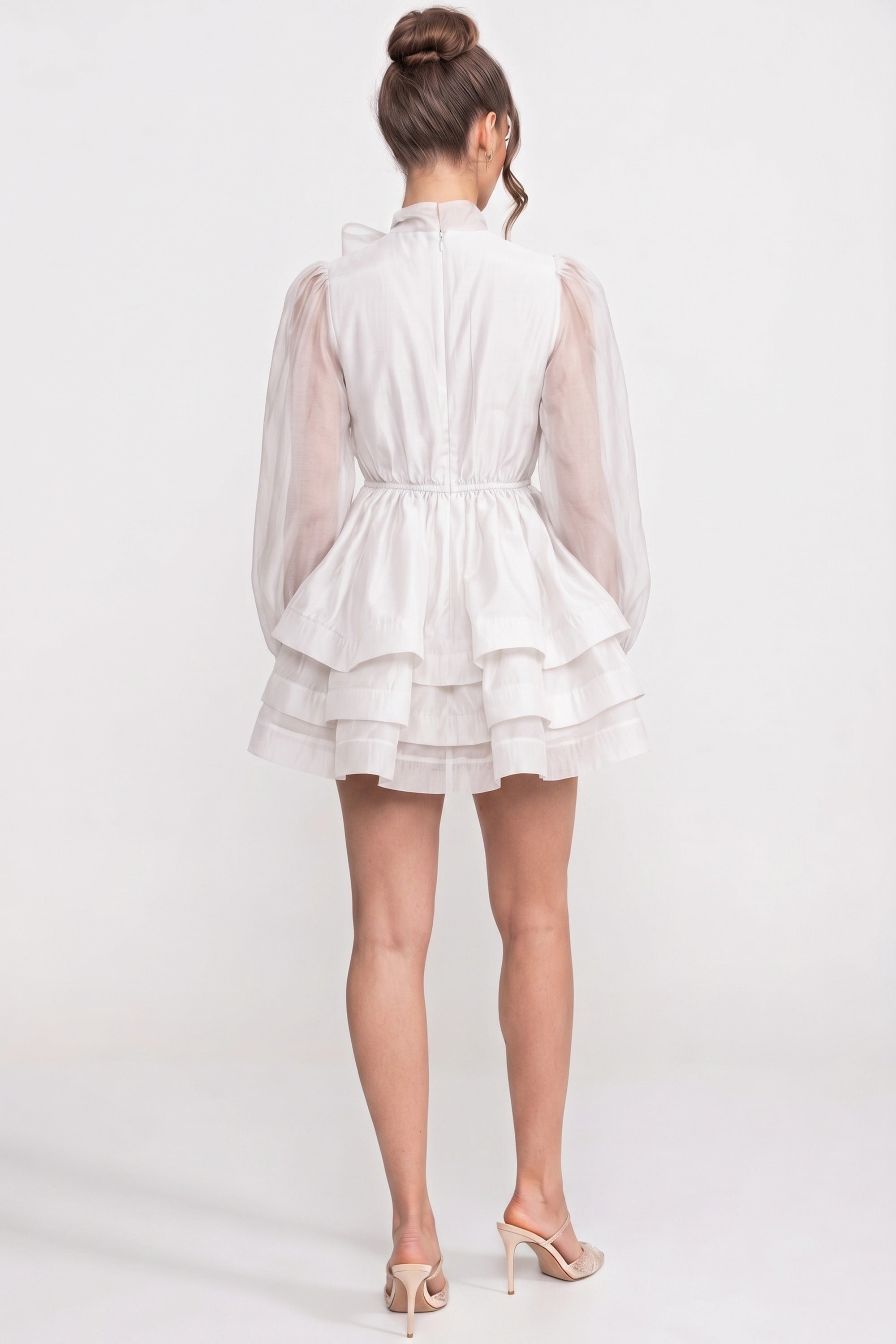 High-Neck Puff-Sleeve Mini Dress With Tiered Ruffle Skirt And Bow - White