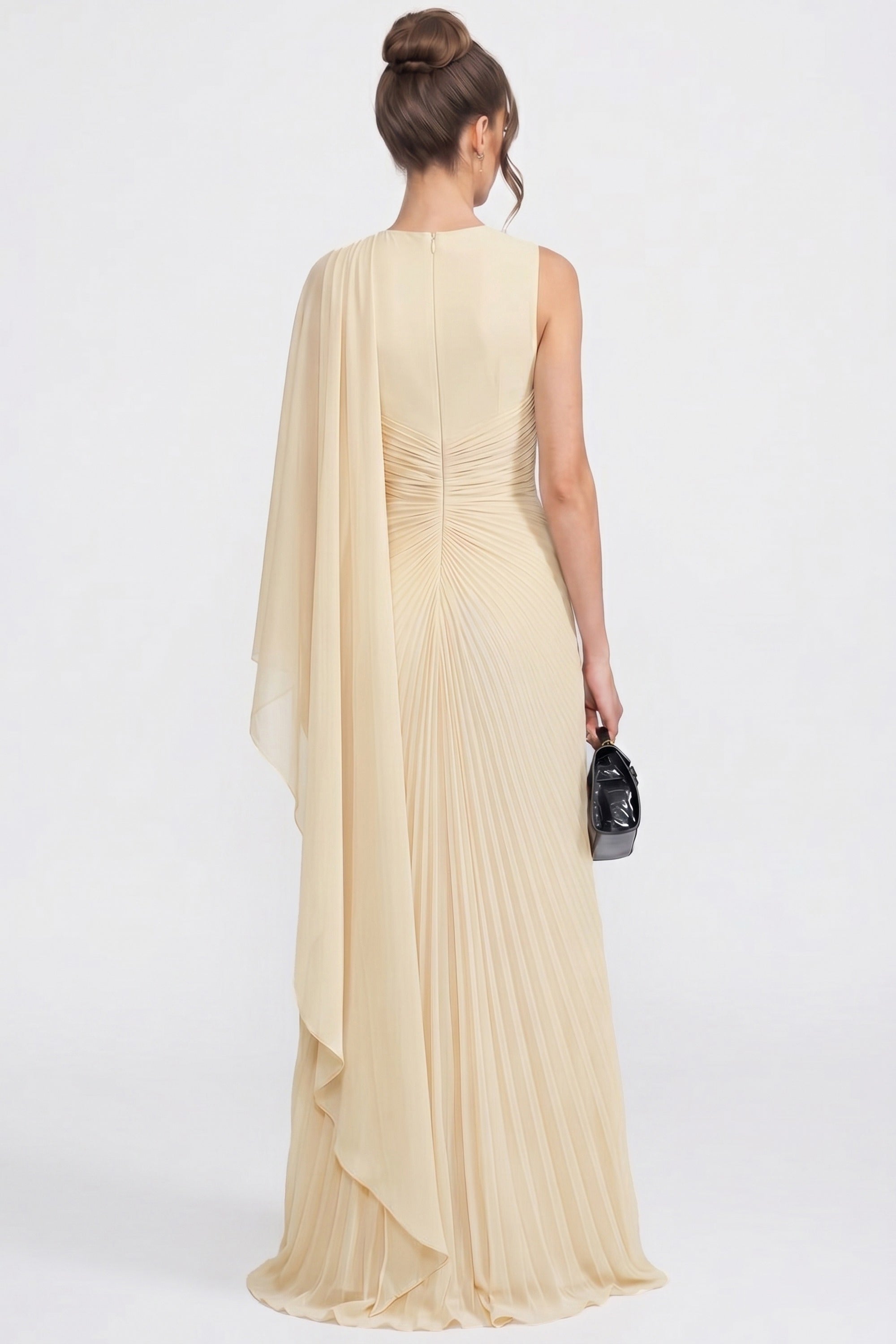 One-Shoulder Draped Maxi Dress With Sheer Scarf Detail - Yellow