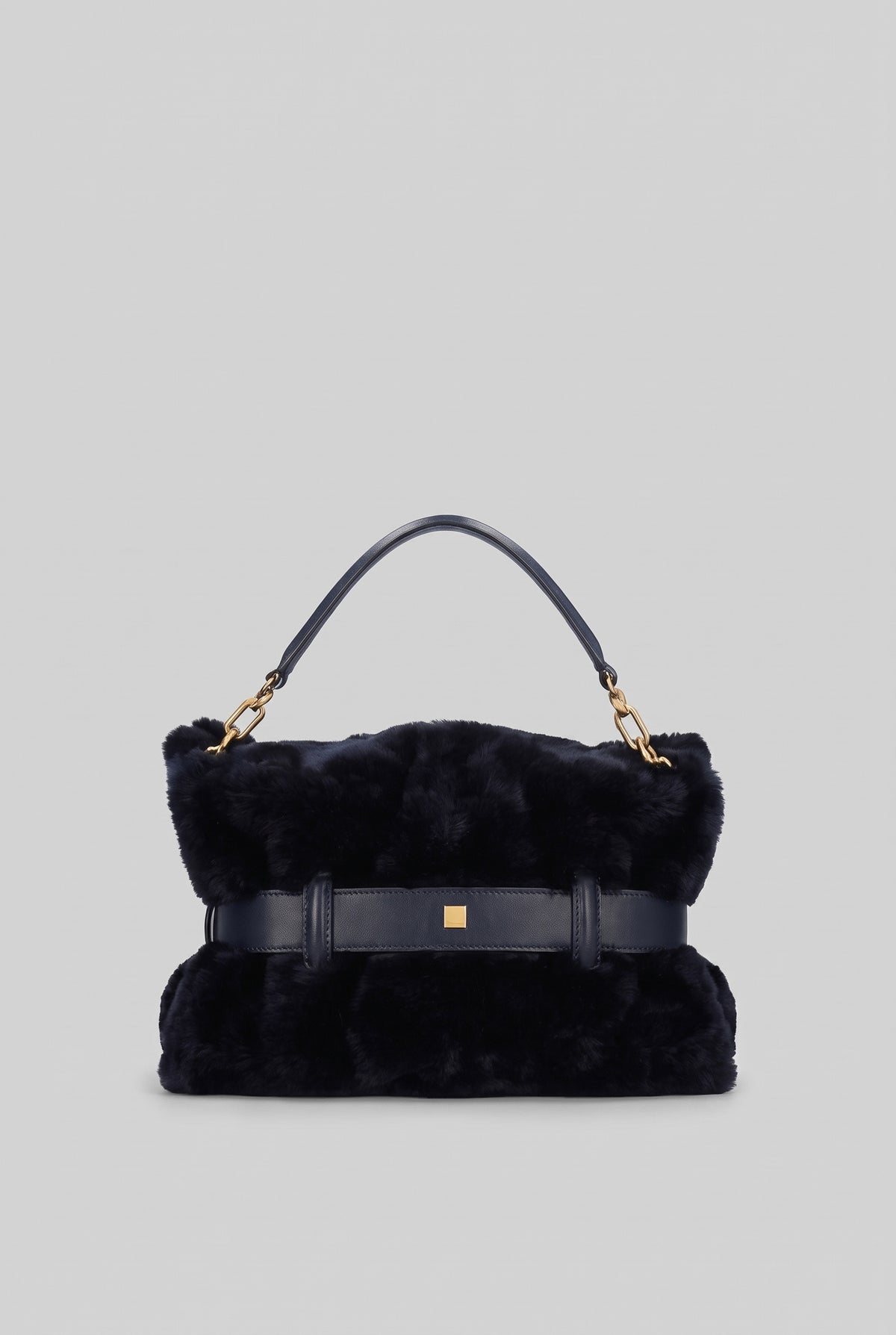 Faux Fur Handbag with Belt Buckle Detail – Black