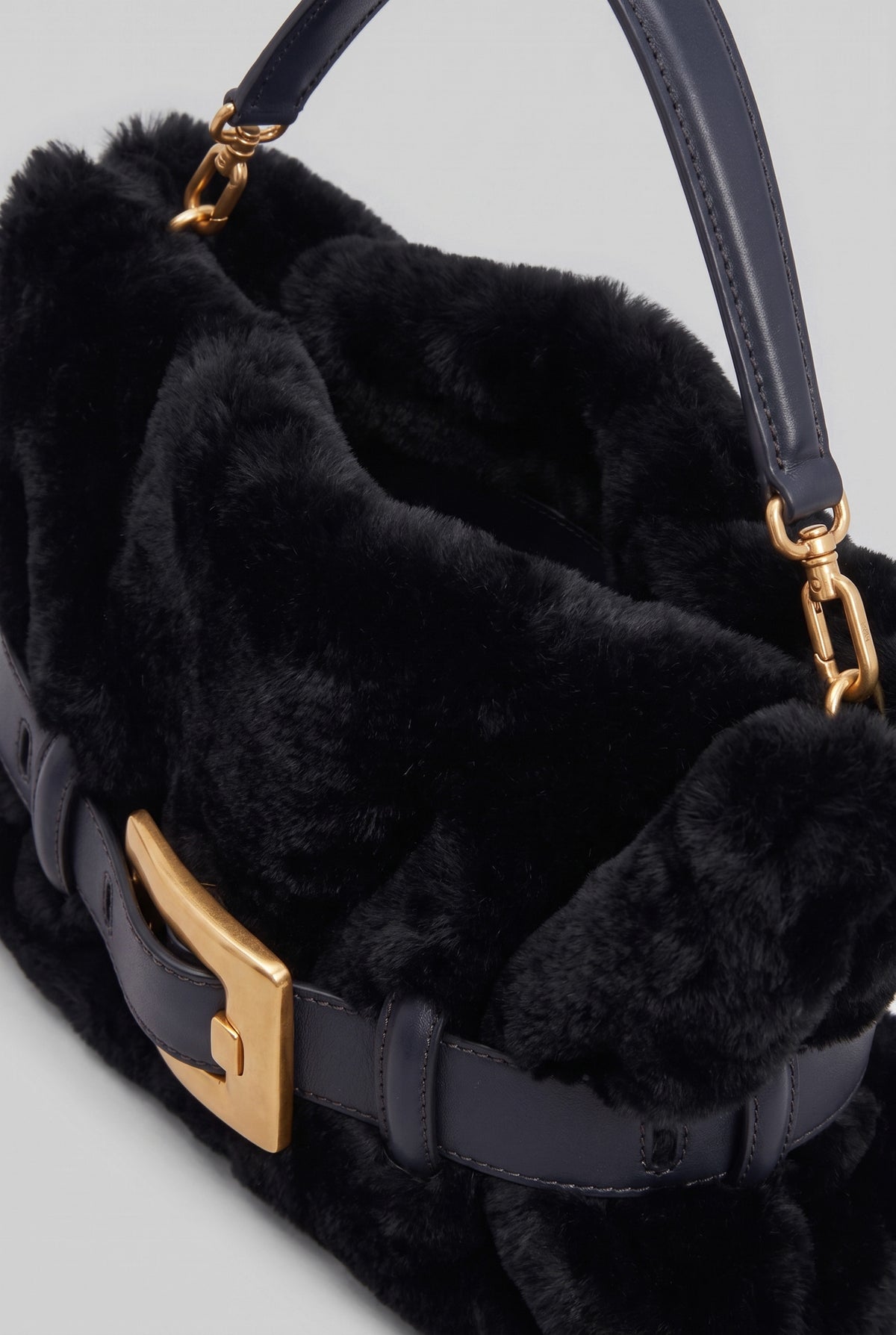 Faux Fur Handbag with Belt Buckle Detail – Black