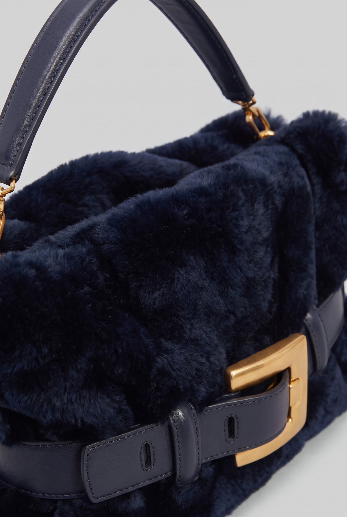 Faux Fur Handbag with Belt Buckle Detail – Dark Blue