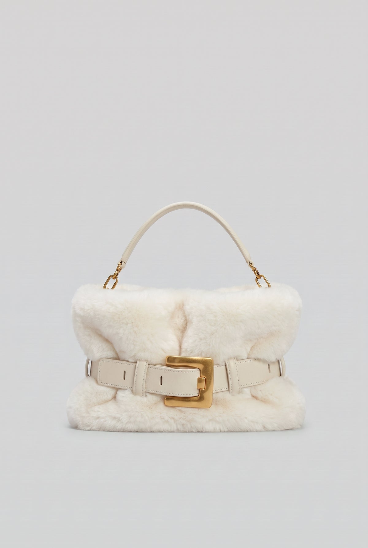 Faux Fur Handbag with Belt Buckle Detail – White