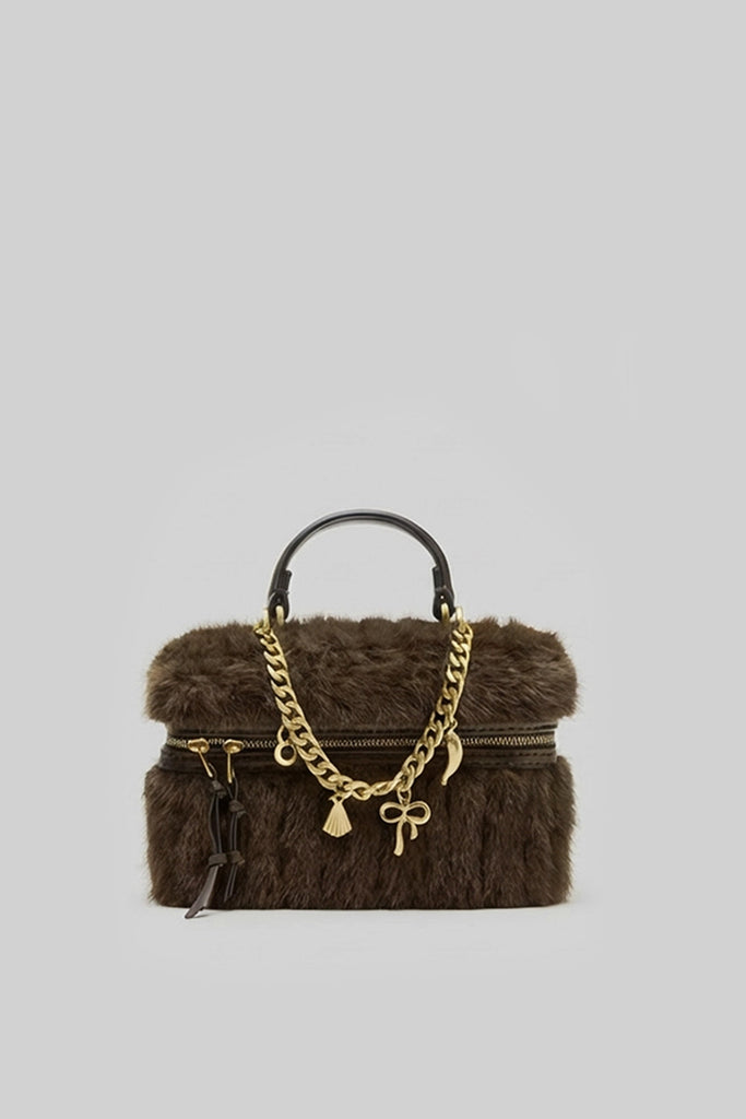 Faux Fur Top-Handle Bag with Decorative Chain – Brown