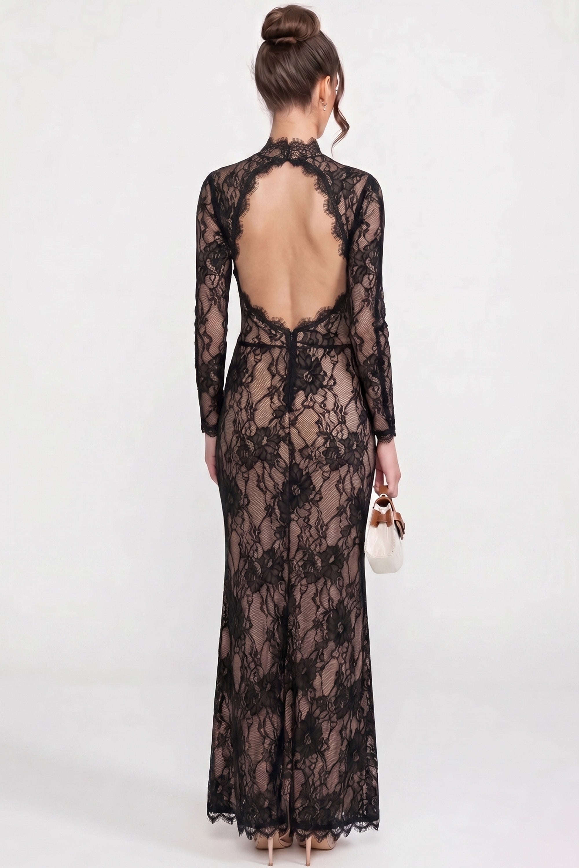 Elegant Lace Gown With High Neck, Front Cutout And Slit - Black