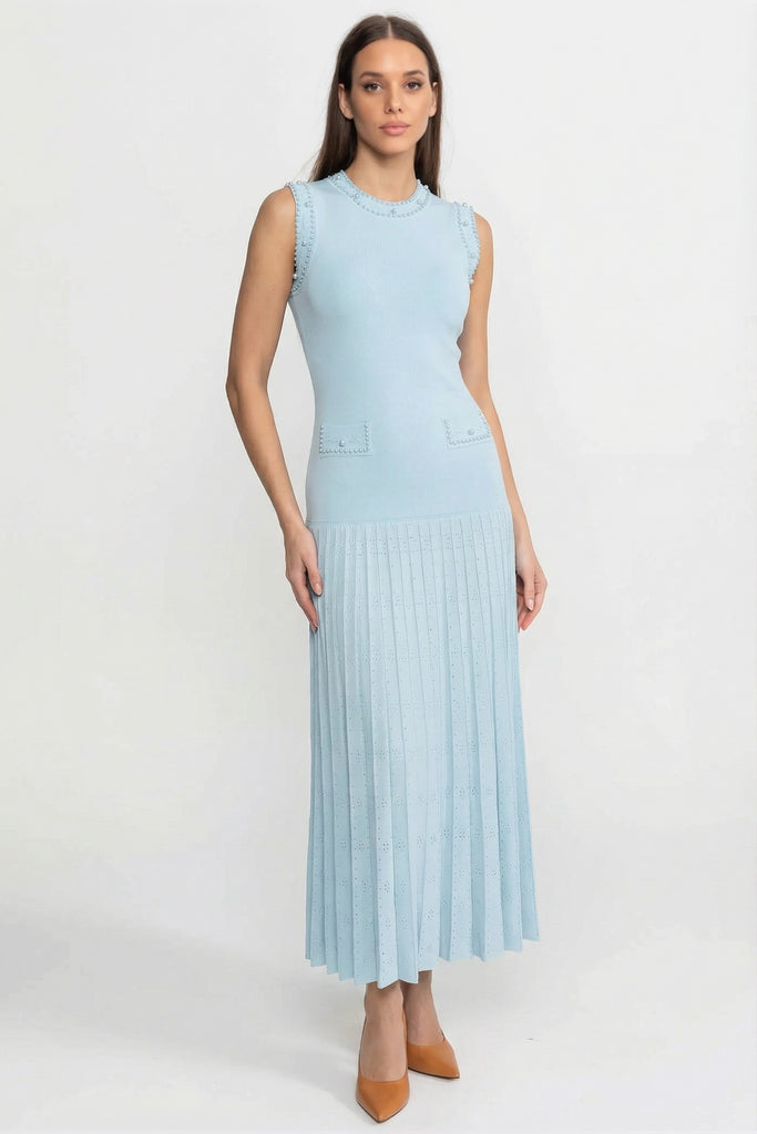 Knitted Sleeveless Midi Dress With Pearl Embellishments - Blue