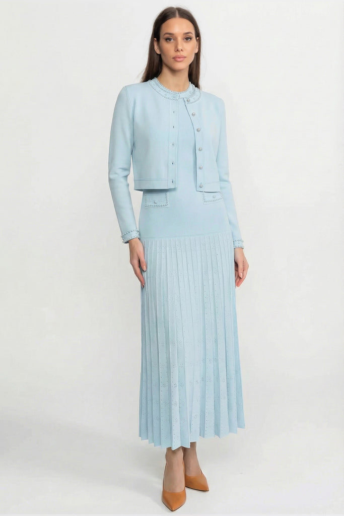 Knitted Cardigan With Pearl Buttons And Embellishments - Blue