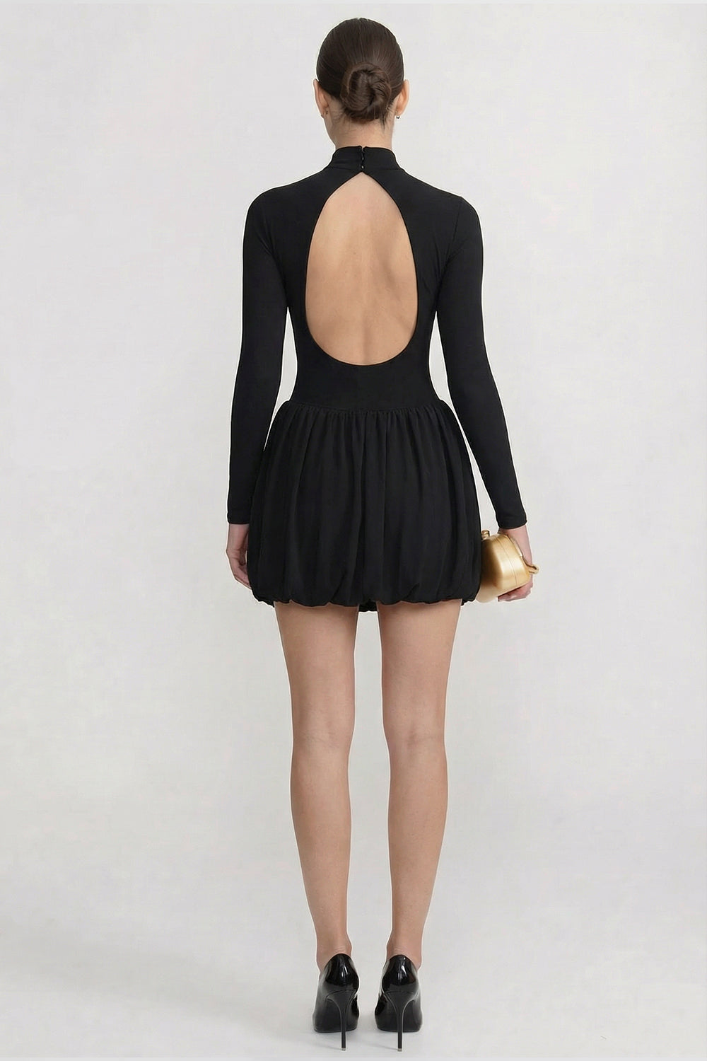 Long Sleeve Mini Dress With Draped Bubble Skirt - Black