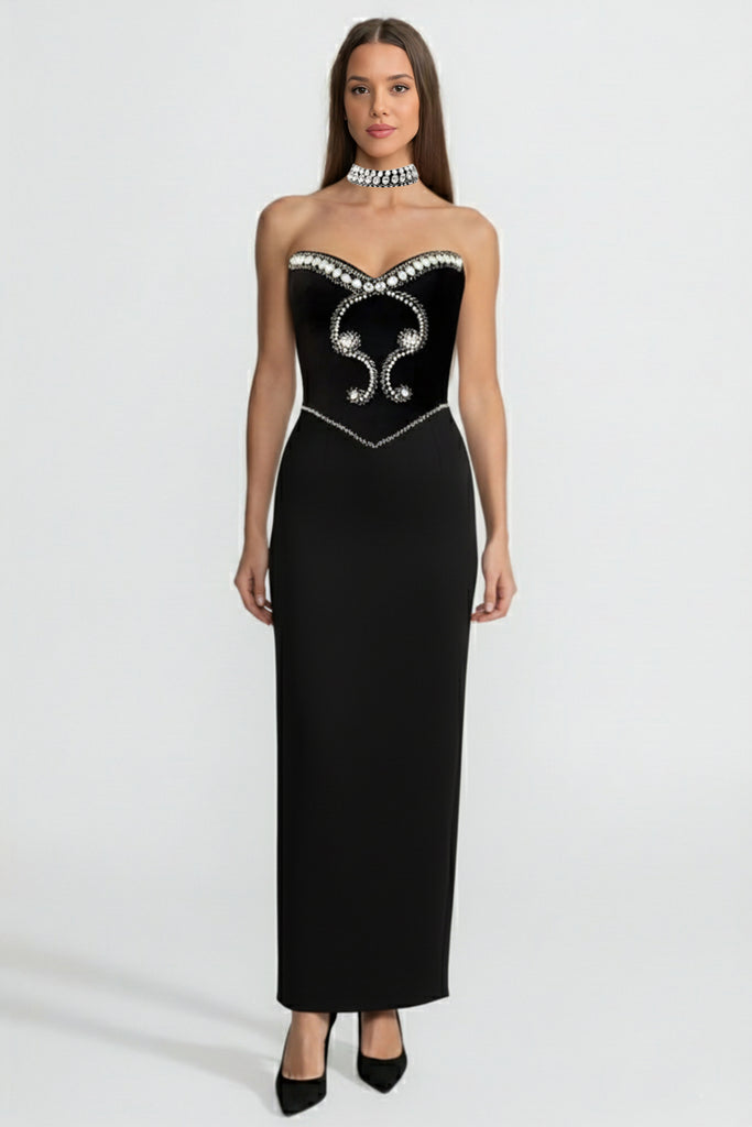 Crystal-Embellished Strapless Gown with Choker – Black