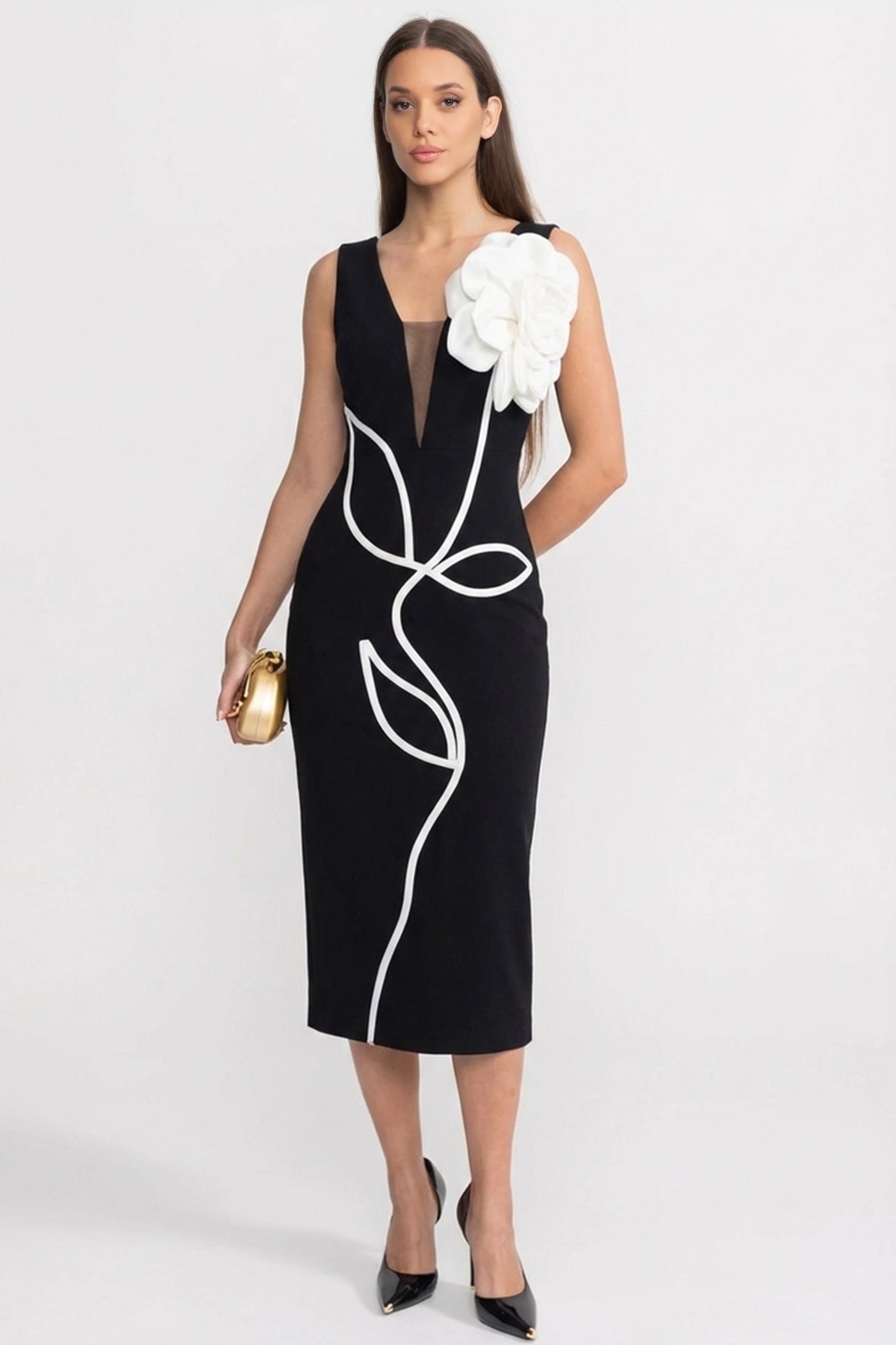 Structured Midi Dress with Sculpted Floral Accent – Black