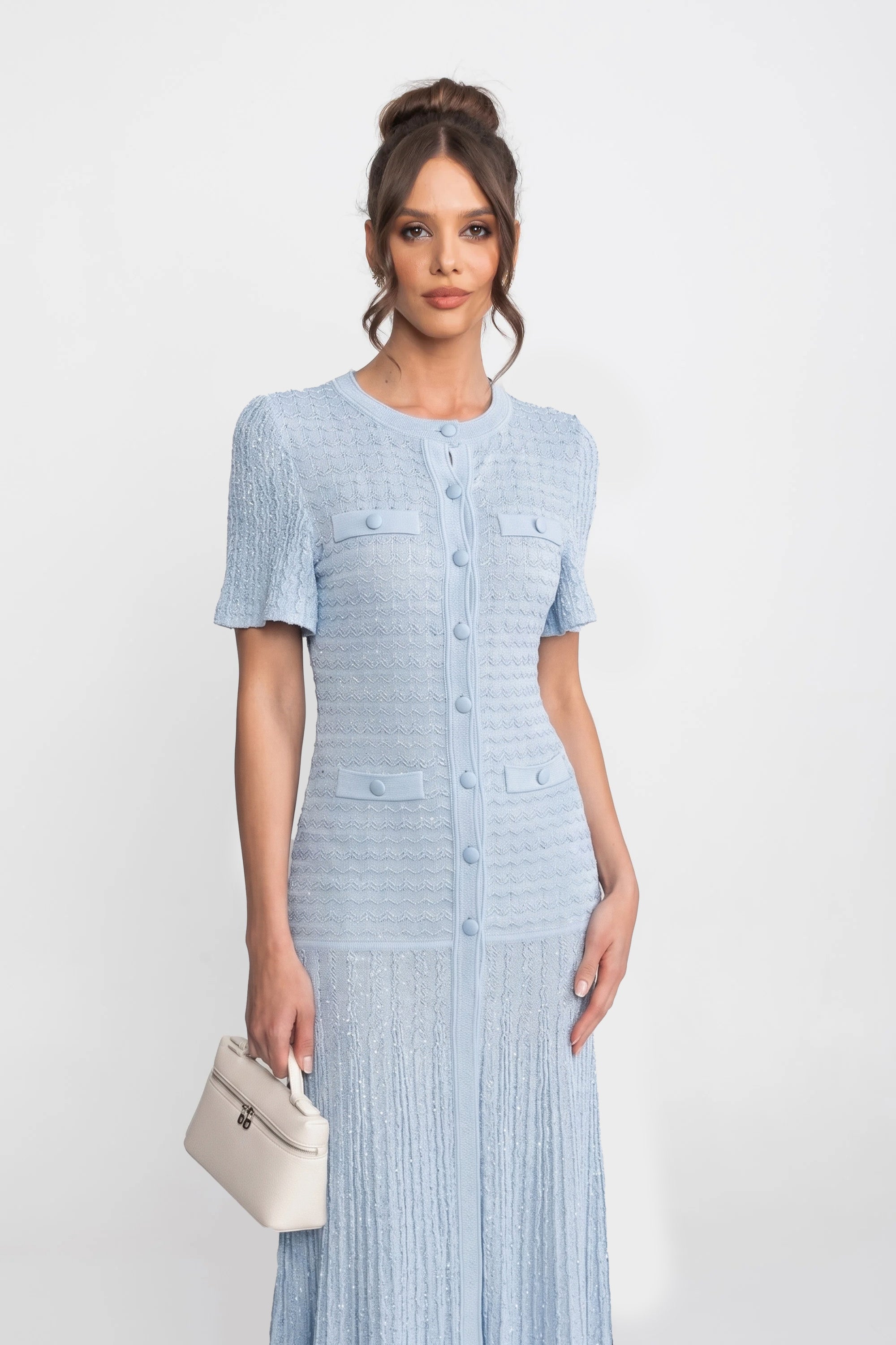 Short Sleeve Midi Dress With Shimmer Knit Texture - Light Blue