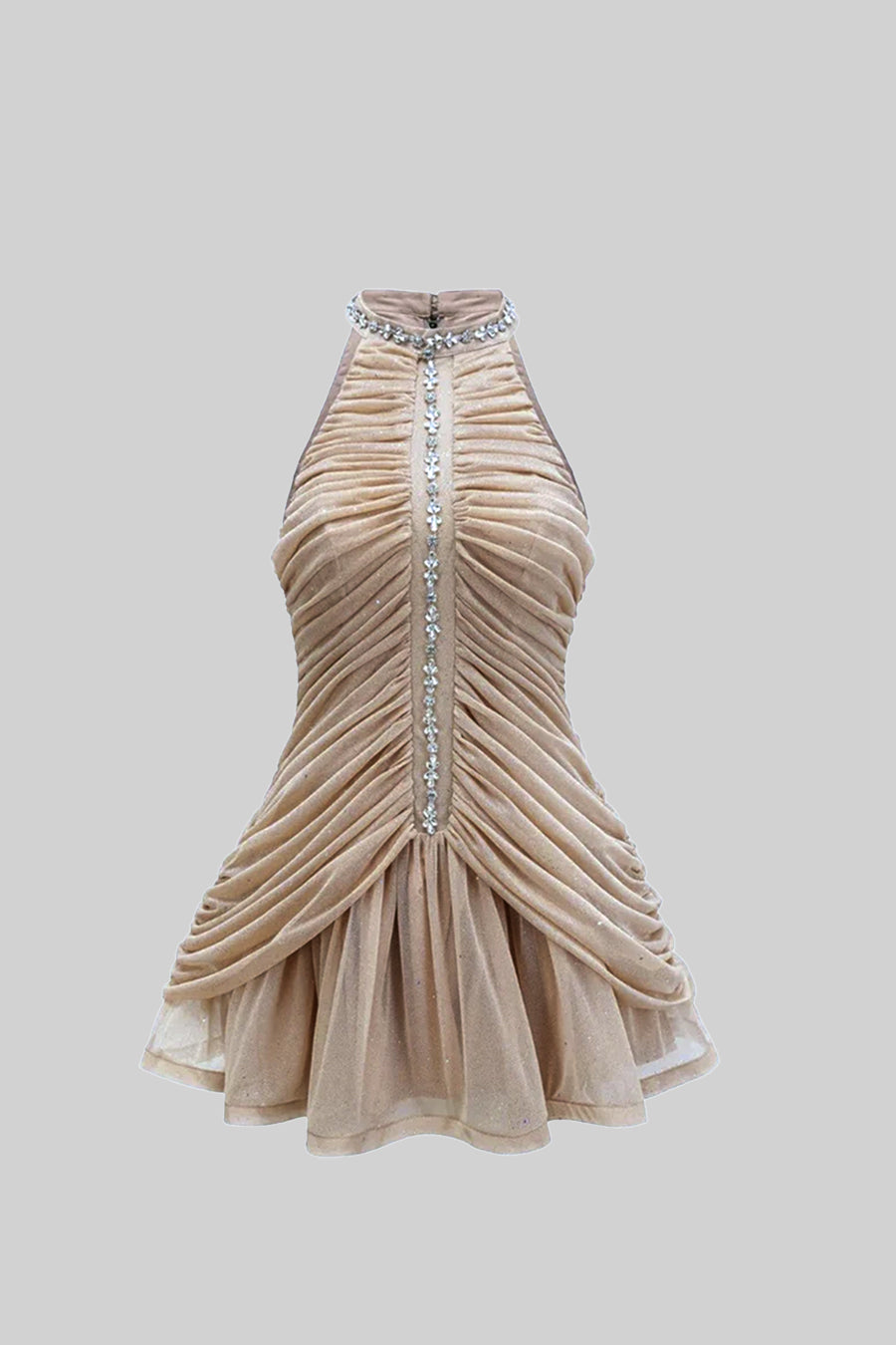 Sleeveless Halter Dress with Pearl Accents - Beige