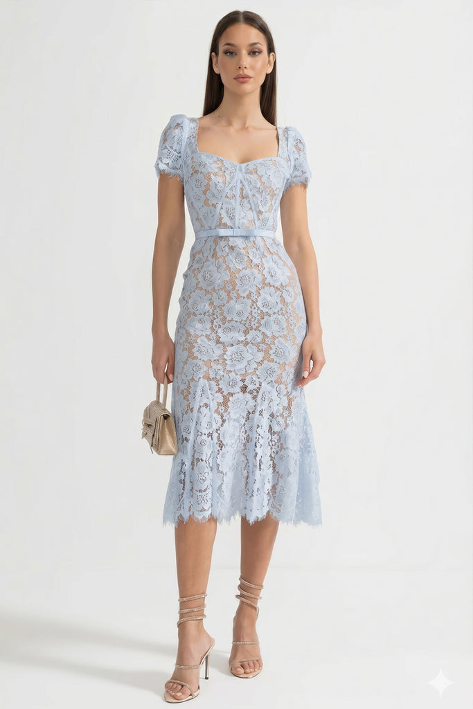 Short Sleeved Lace Dress With Delicate Matching Waist Belt - Blue
