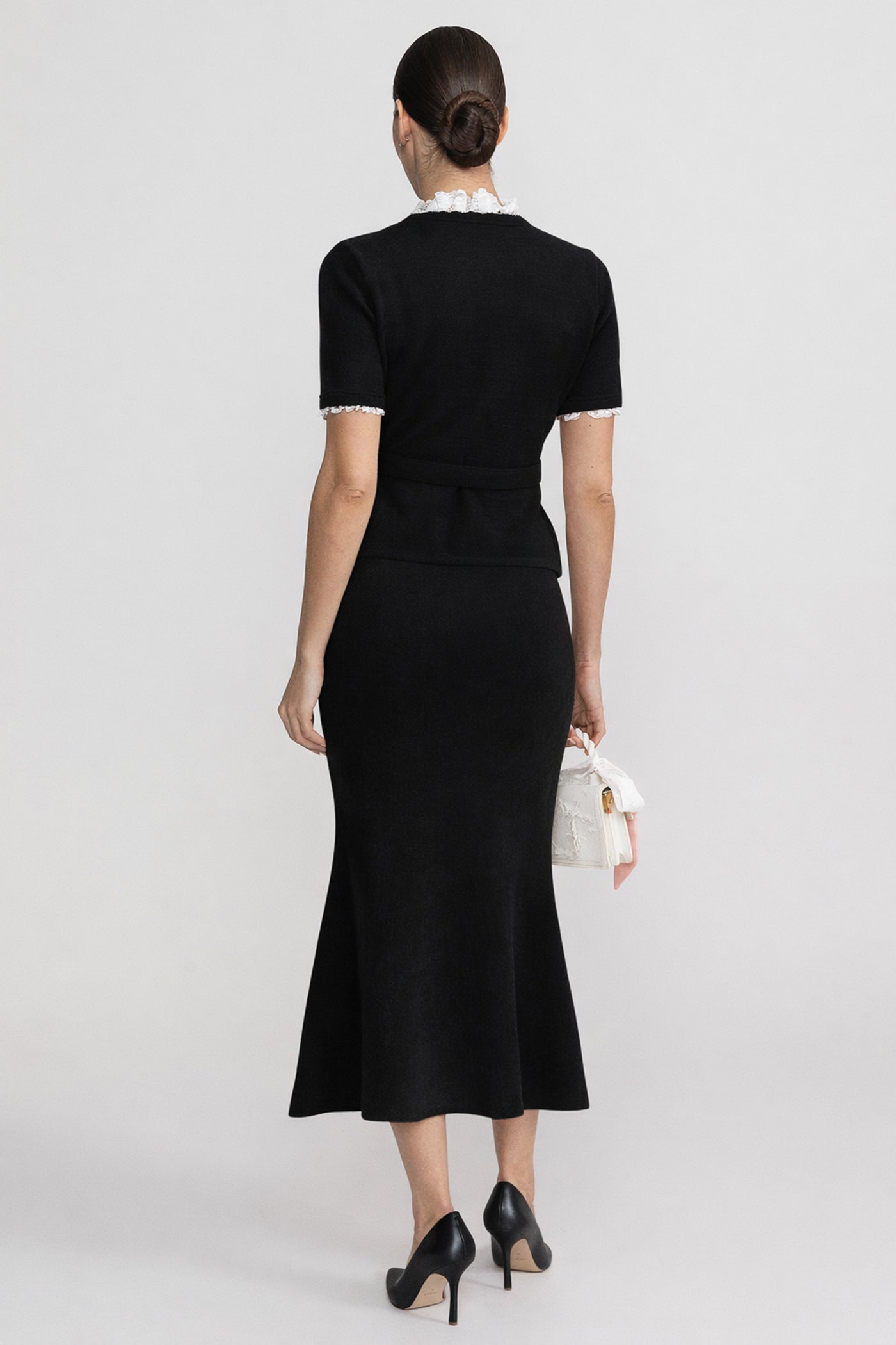 Short Sleeve Co-Ord With Peplum Waist And Crystal Button Belt - Black