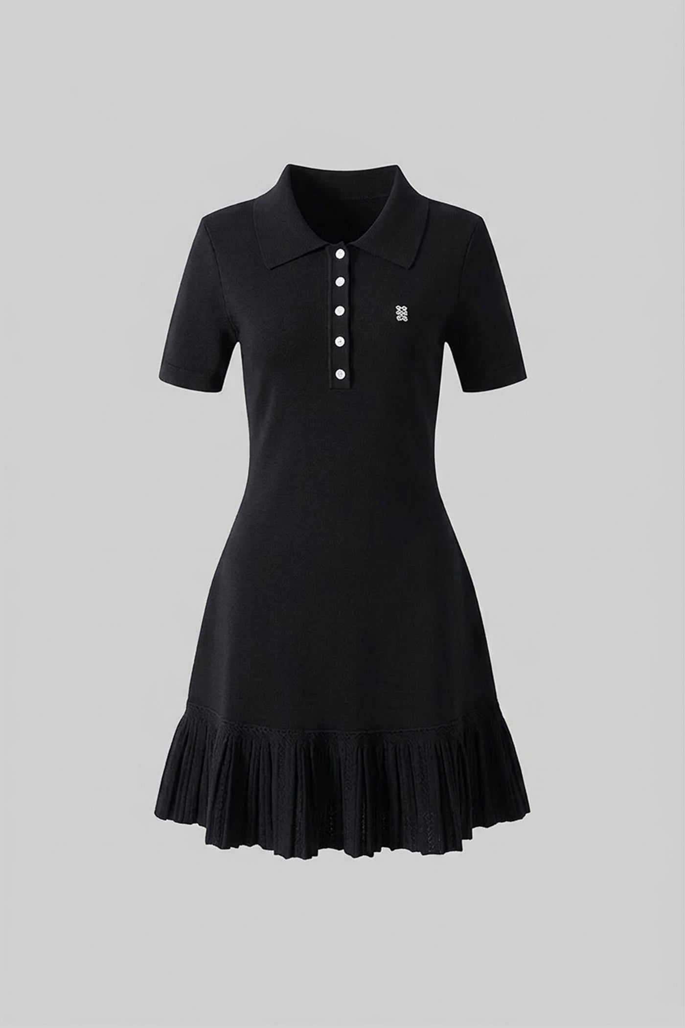 Short Sleeve Polo Mini Dress With Pleated Ruffle Hem - Black