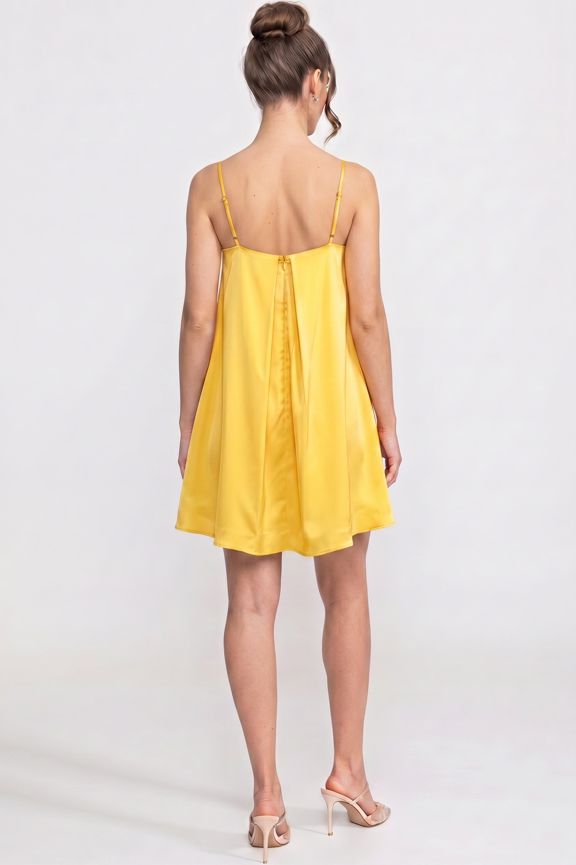 Spaghetti-Strap Mini Dress With 3D Floral Appliqué And A-Line Skirt - Yellow