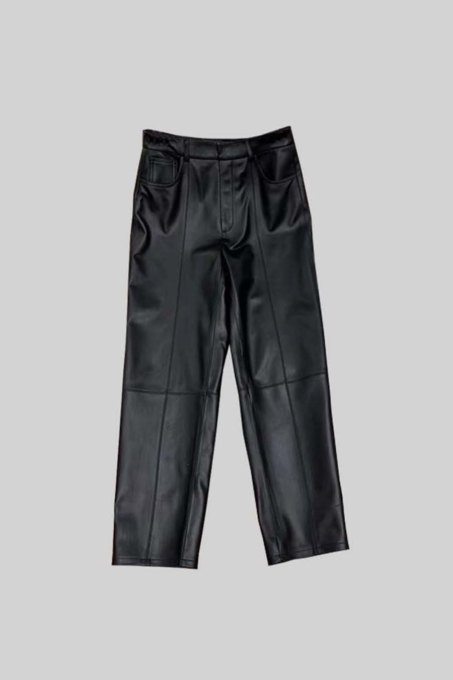 Leather Straight Leg Trousers With Decorative Stitching - Black