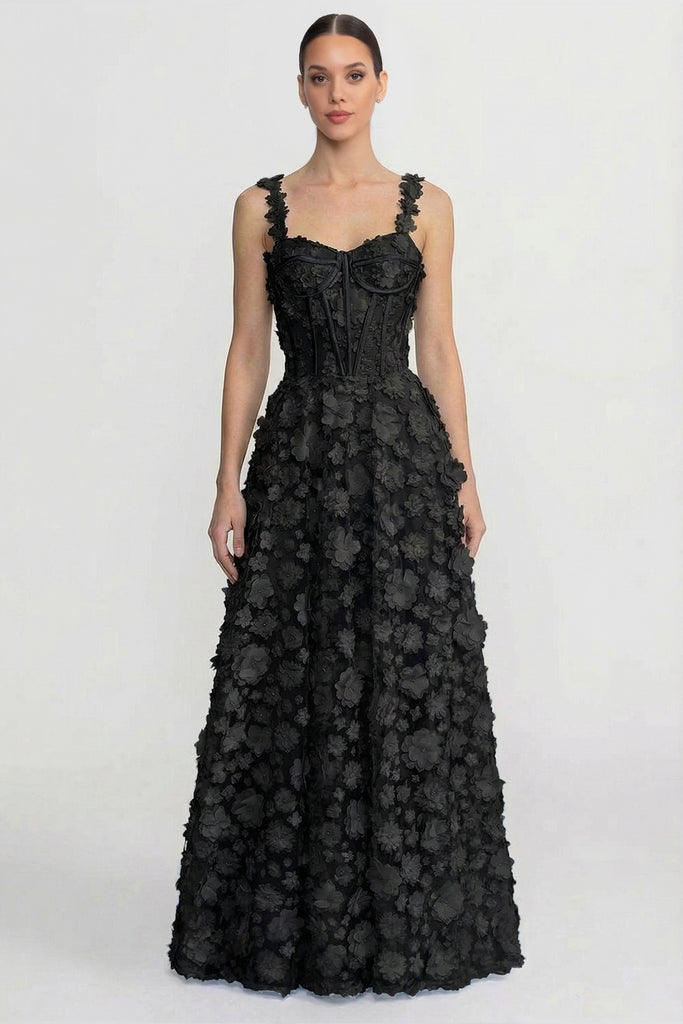 Floral Appliqué Maxi Dress With Corset Bodice - Black