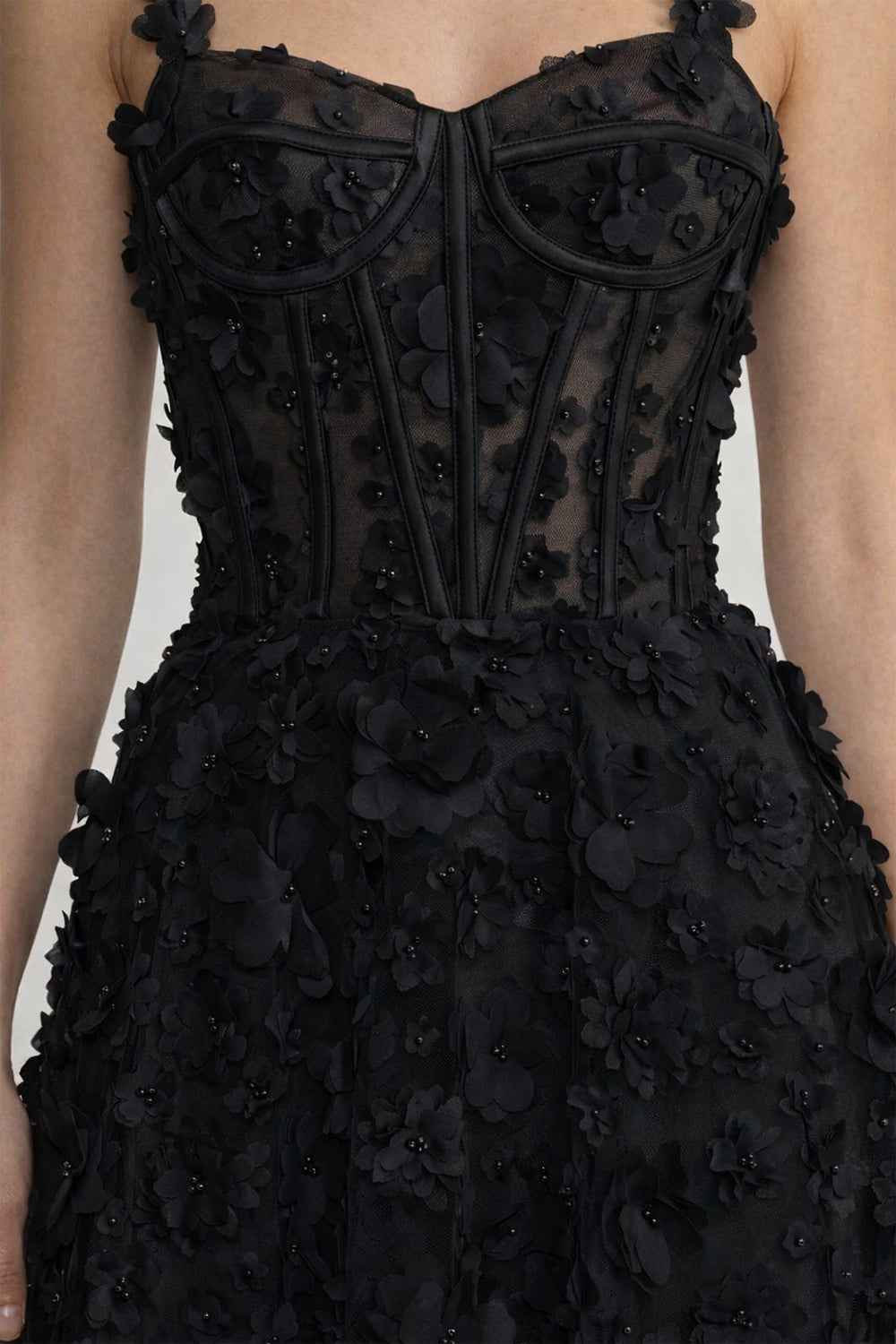 Floral Appliqué Maxi Dress With Corset Bodice - Black