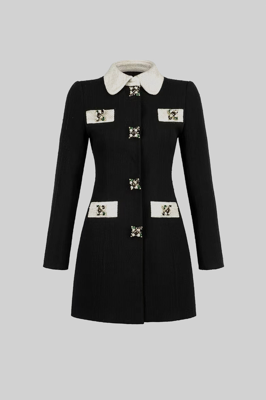 Elegant Buttoned Coat With Contrasting Collar And Pockets - Black