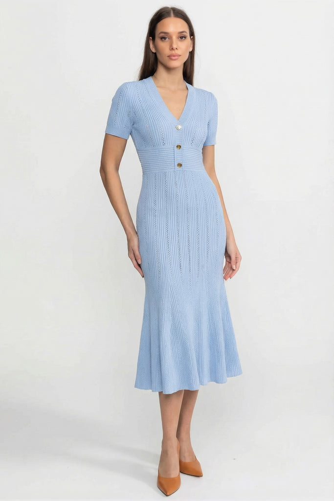 Ribbed Short Sleeve Midi Dress With Gold Button V-Neckline - Blue