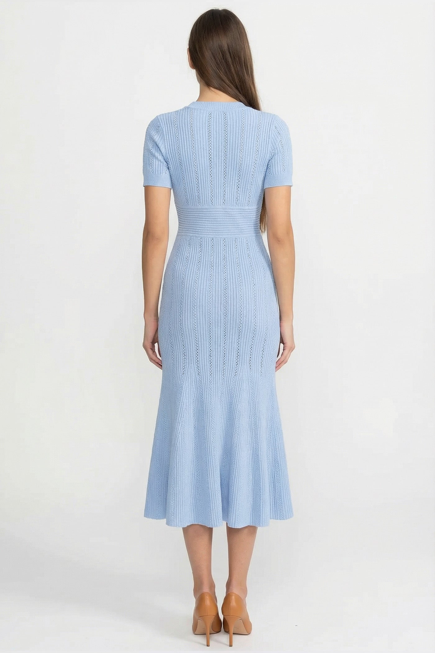 Ribbed Short Sleeve Midi Dress With Gold Button V-Neckline - Blue