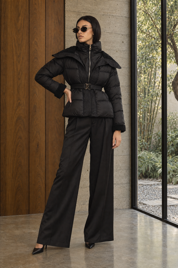 Belted Puffer Jacket with Teddy Collar - Black
