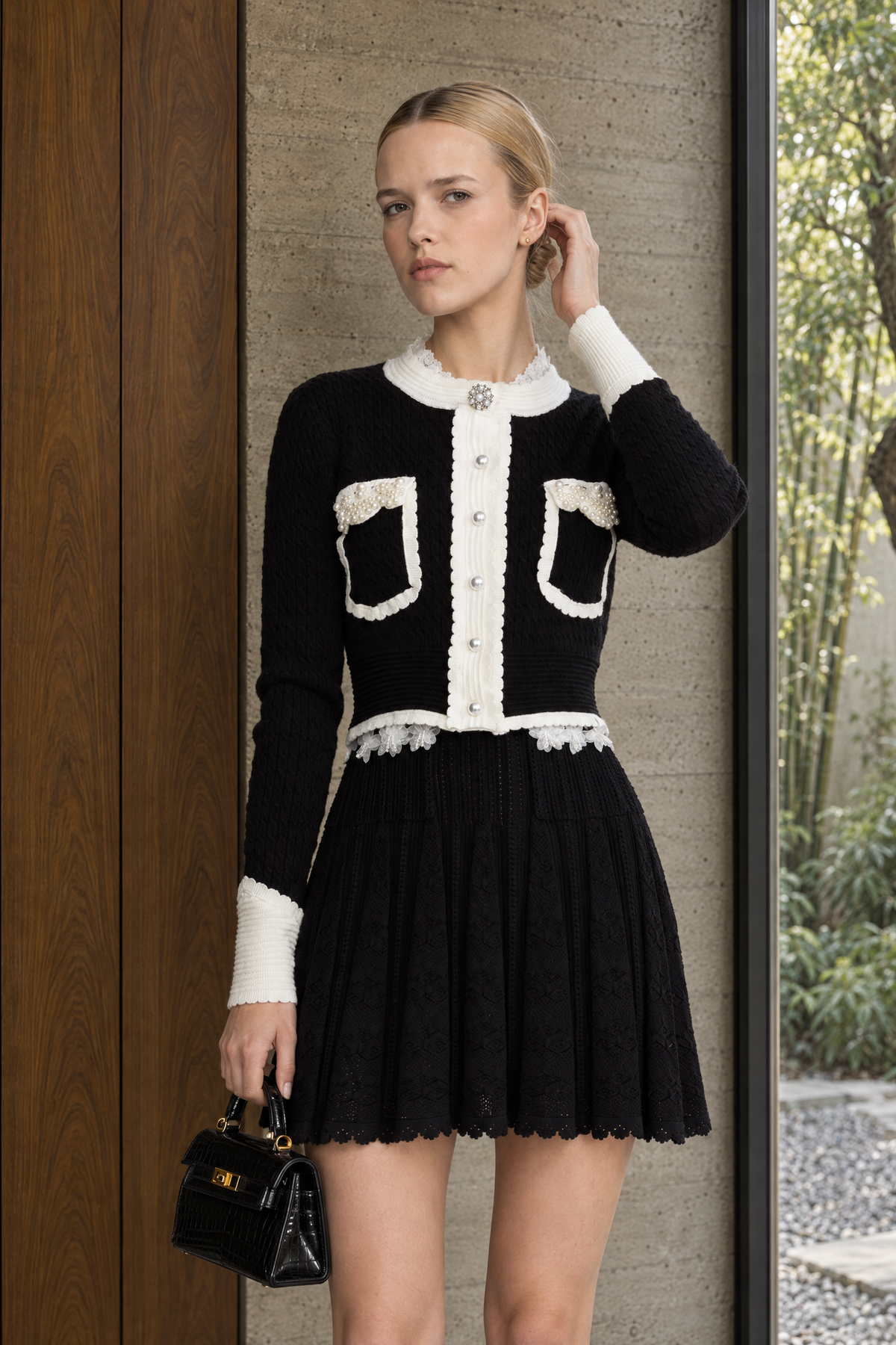 Pearl Embellished Contrast Trim Cable Knit Cropped Cardigan - Black