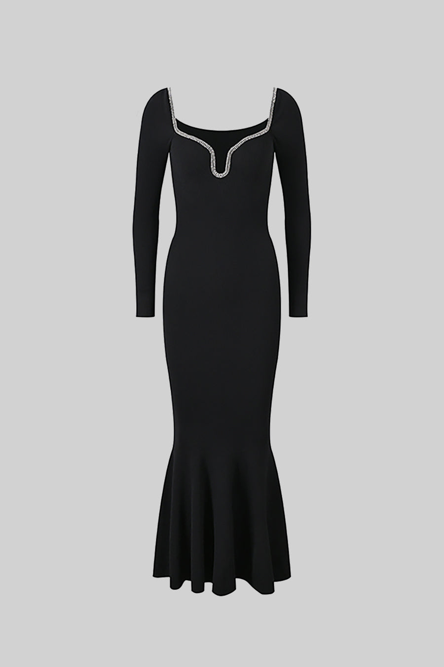 Long Sleeve Dress with Fitted Bodice and Flared Hem - Black