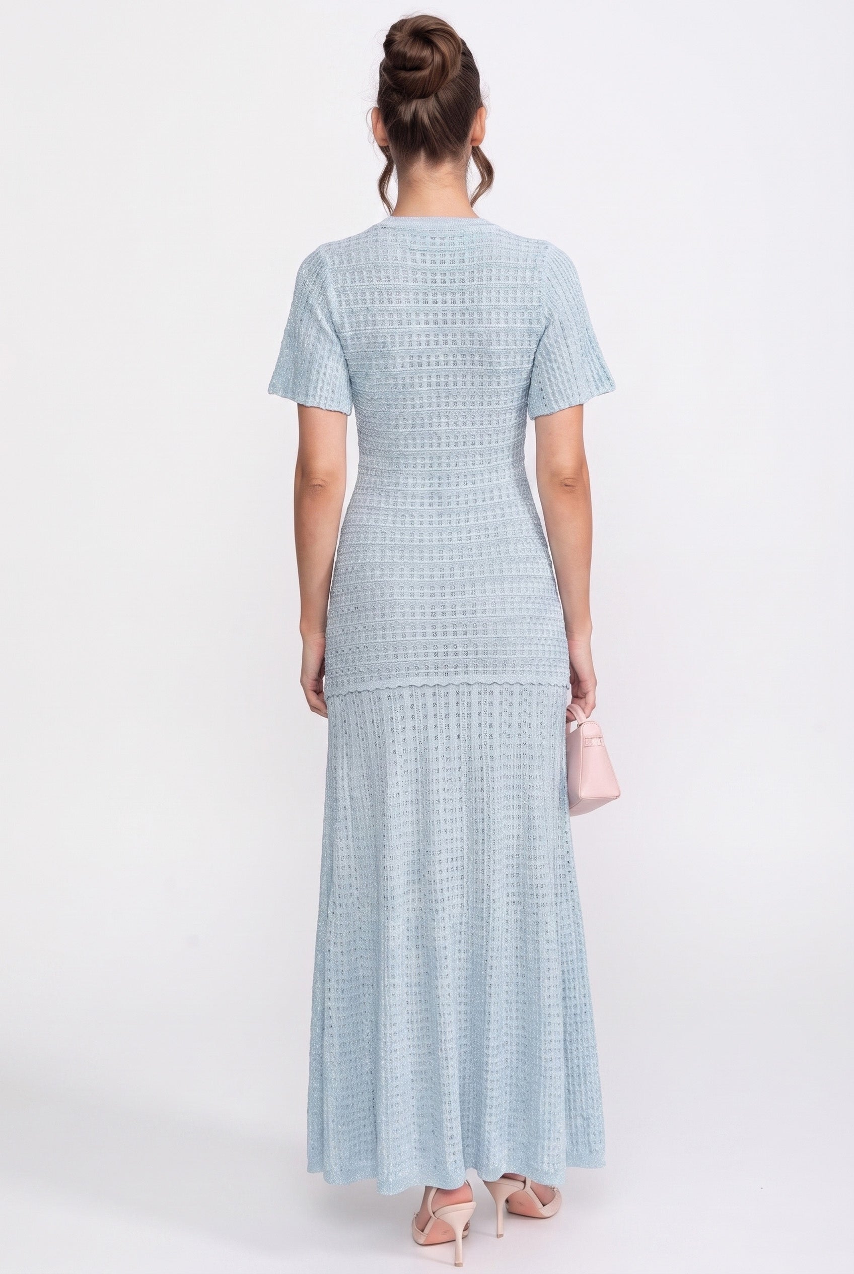 Short Sleeve Midi Dress With Shimmer Knit Texture - Light Blue