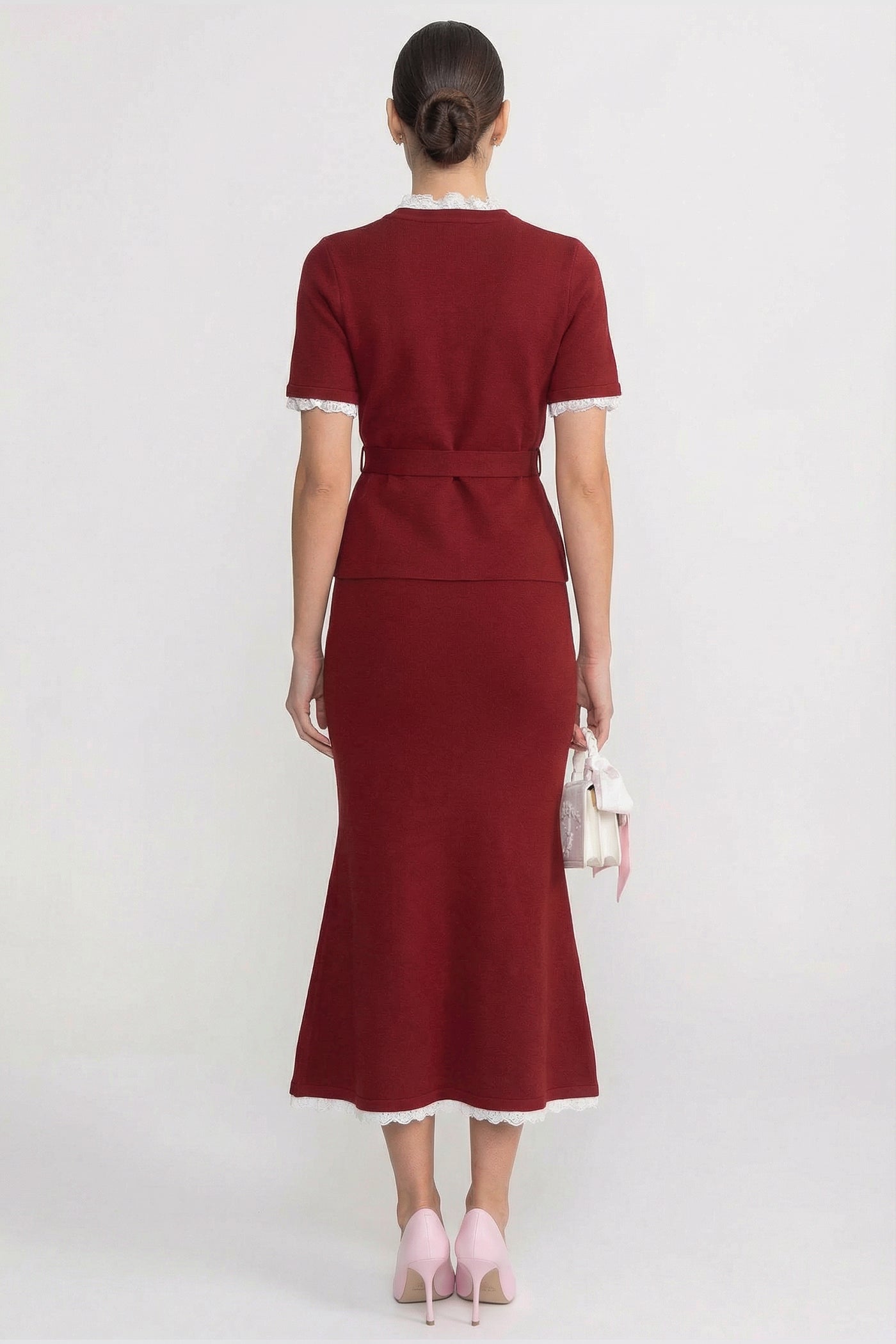 Short Sleeve Co-Ord With Peplum Waist And Crystal Button Belt - Burgundy