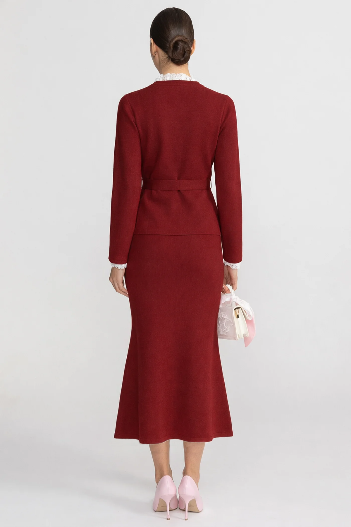 Long Sleeve Co-Ord With Fitted Knit Bodice And Crystal Button Detail - Burgundy