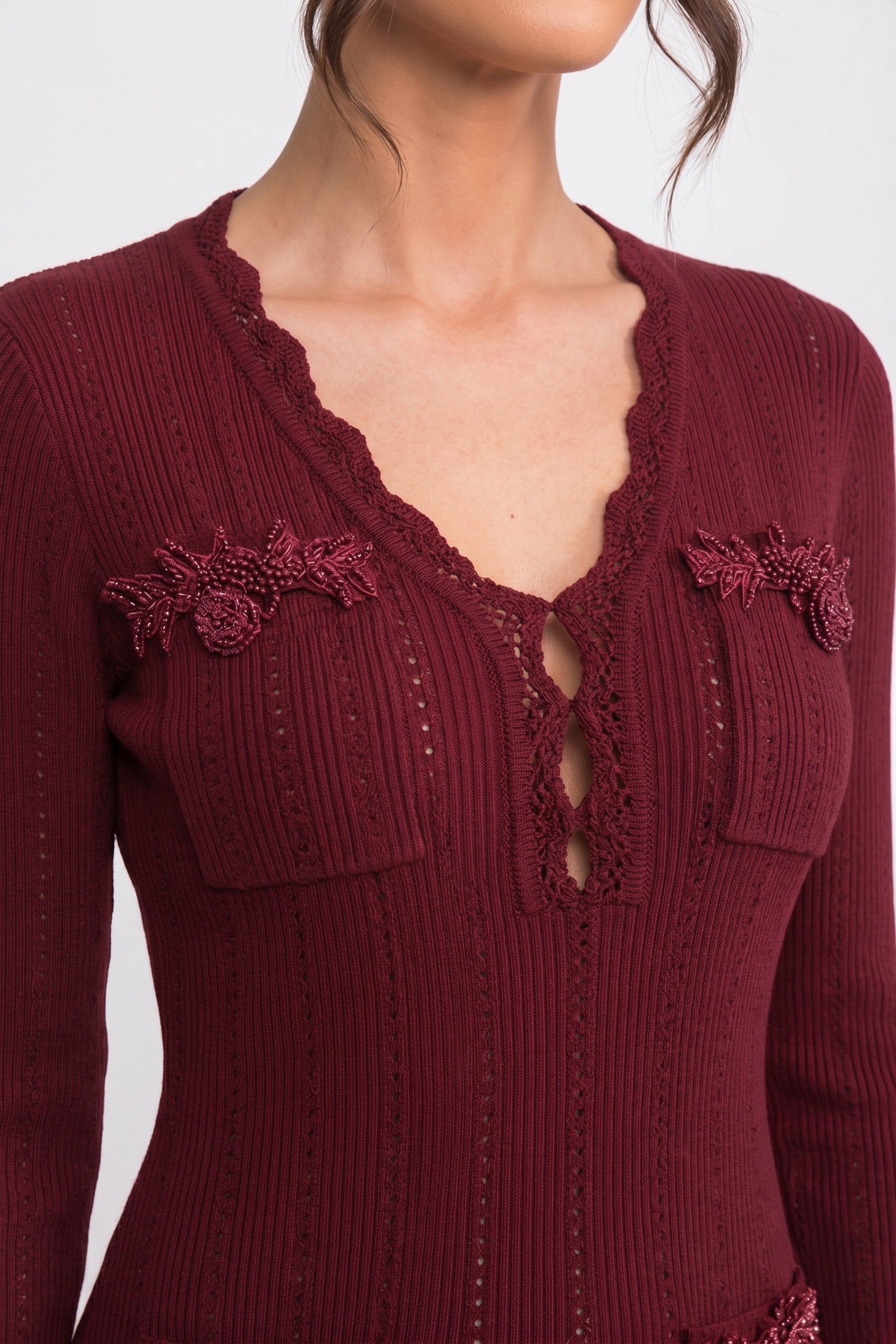 Long-Sleeve V-Neck Knit Mini Dress With Ruffle Hem And Bow Cuffs - Burgundy