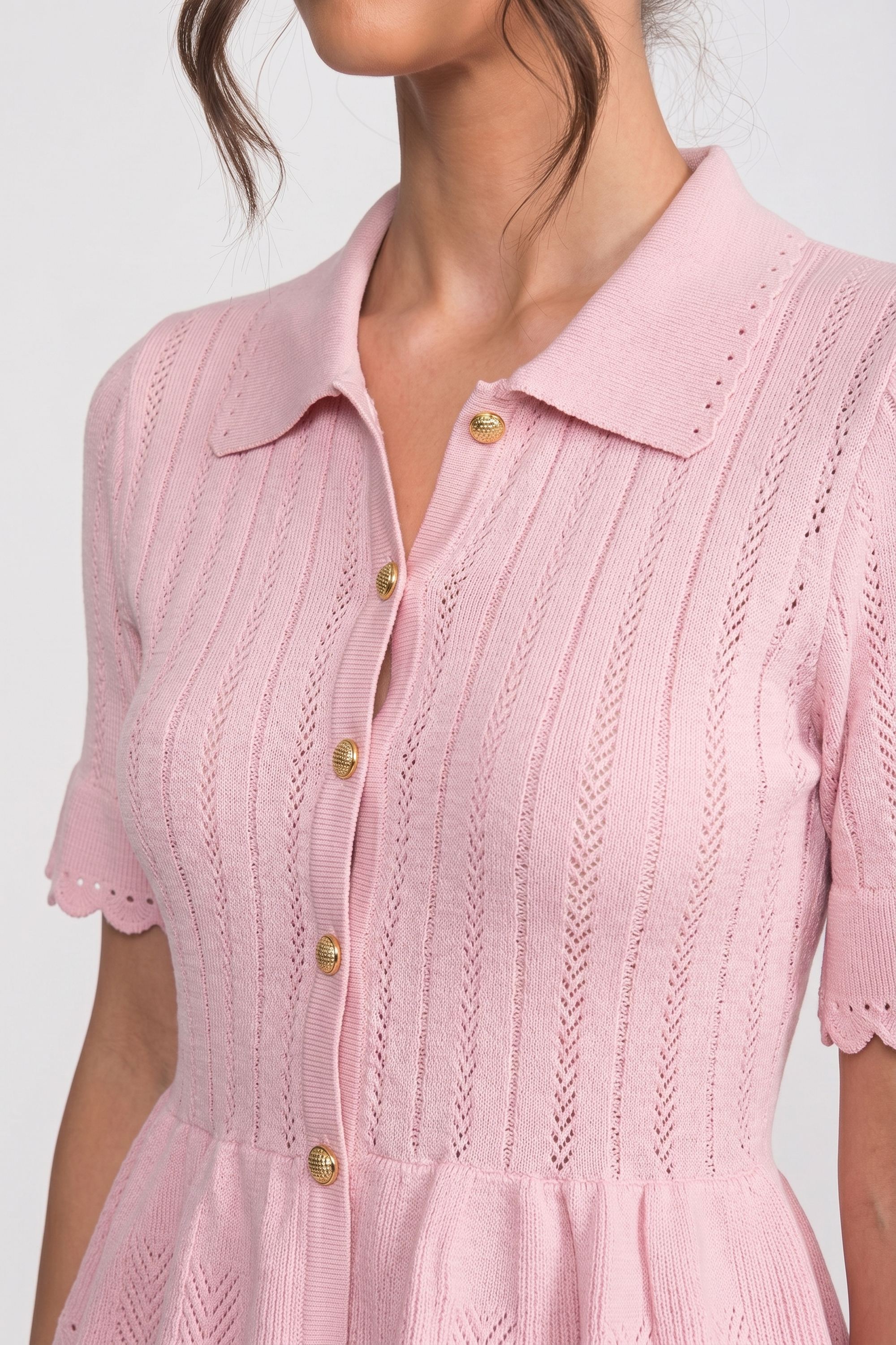 Polo-Collar Mini Dress With Button Top, Peplum Waist And Lace Hem - Pink