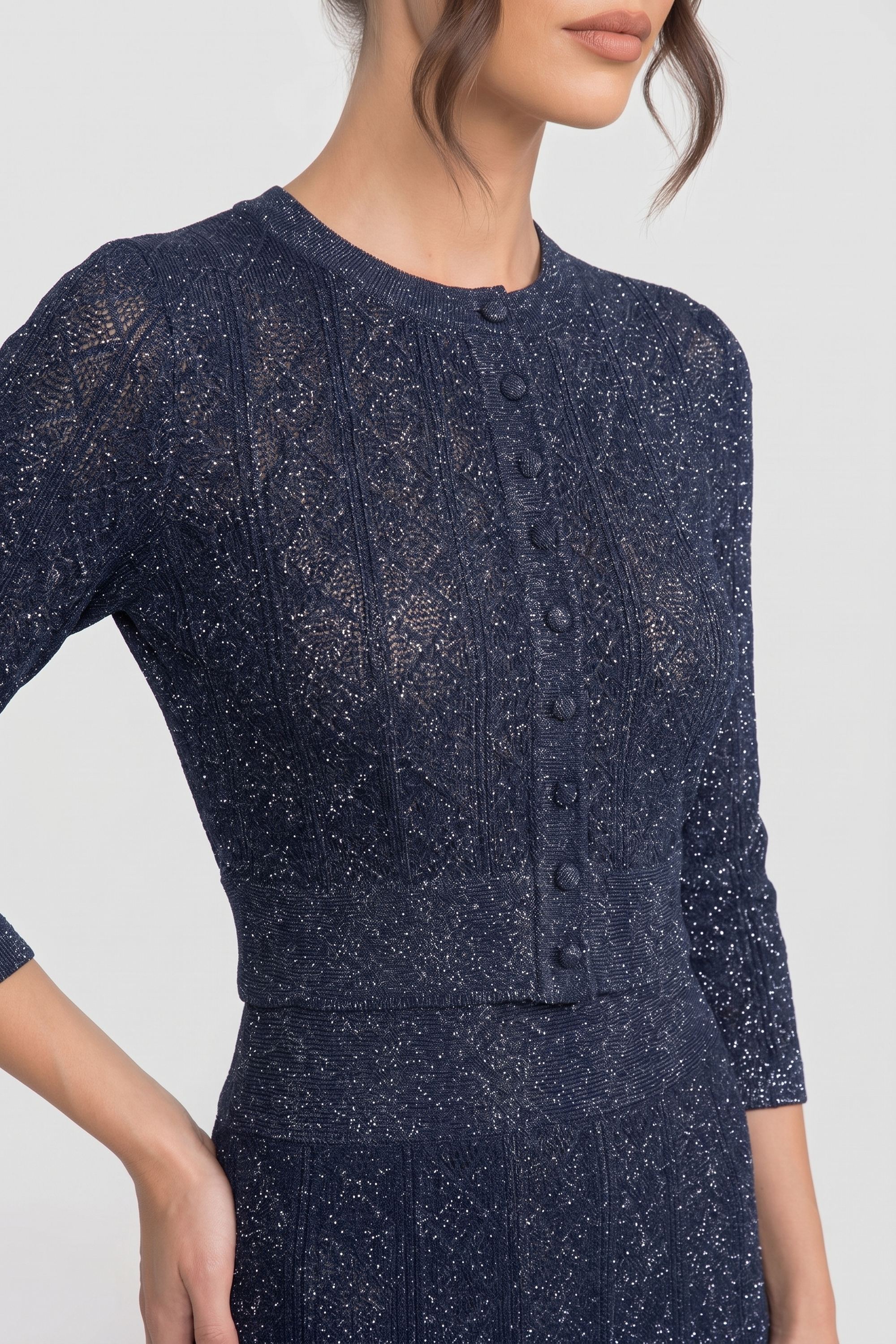Long-Sleeve Diamond-Pattern Lace Co-Ord Set With Maxi Skirt - Navy