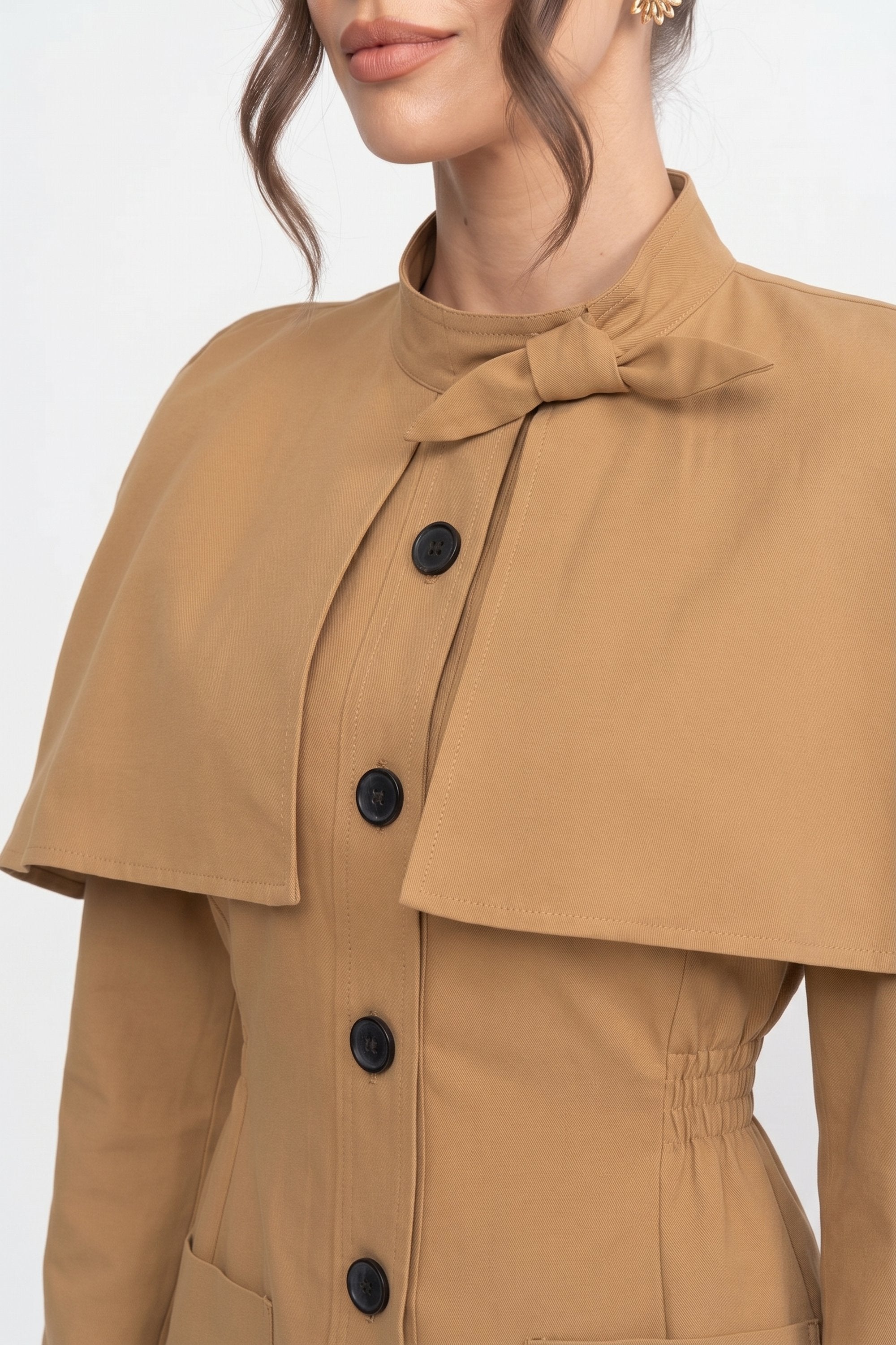Button-Front Coat-Dress With Structured Cape Overlay - Khaki