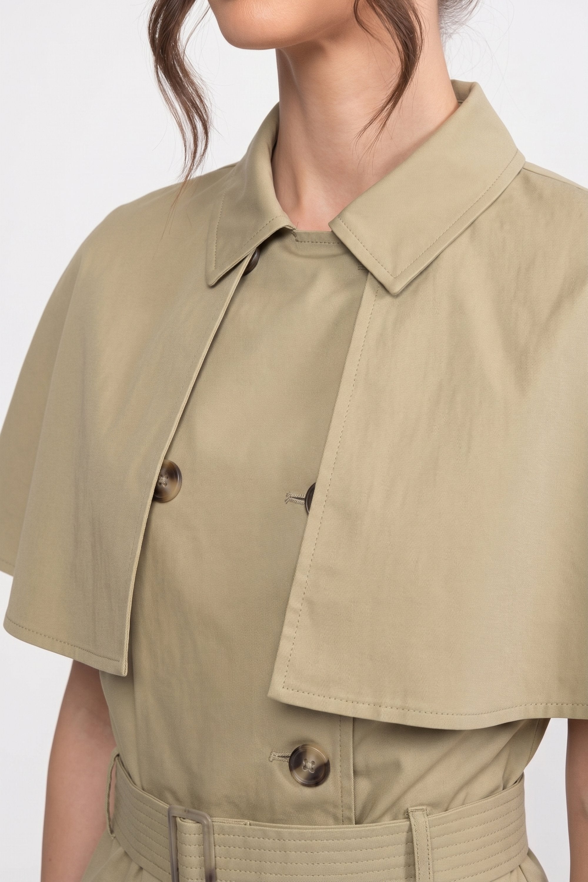 Double-Breasted Top With Spread Collar And Detachable Cape - Khaki