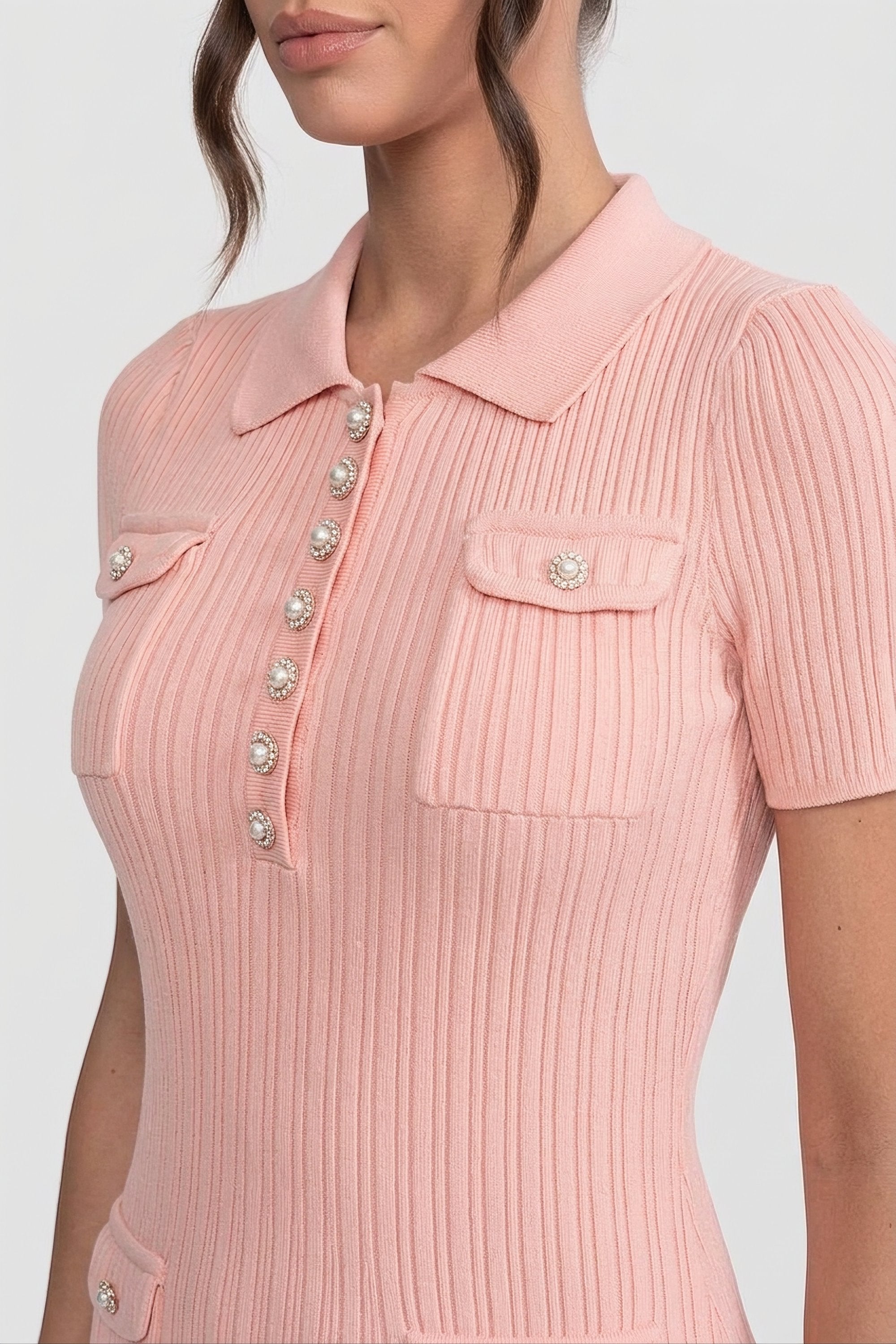 Ribbed Knit Button-Front Mini Dress - Peach